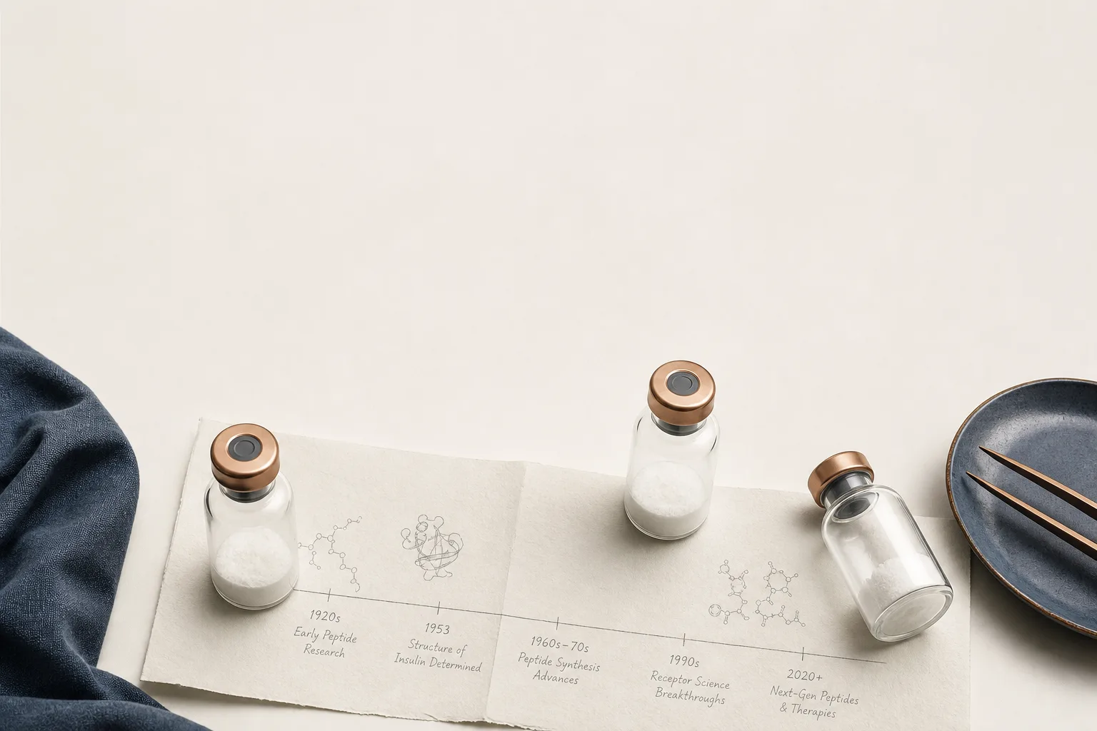 Editorial overhead still life on a soft off-white surface: three small unbranded glass vials placed in a rough triangle, with a folded paper note partially visible underneath bearing a thin pencil-drawn timeline. No faces, no clinical setting, no needles depicted. Magazine-cover composition, restrained palette of bone, slate-blue and warm copper, sans-serif typography, generous negative space at the top for a headline.