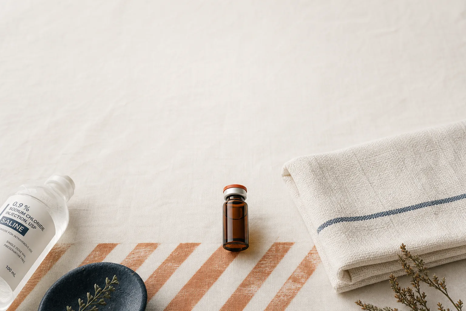 Editorial overhead still-life on a soft off-white linen surface. A small unbranded amber glass vial sits next to a folded clean cotton cloth and a single small bottle of saline at the edge of frame. A faint caution-stripe pattern runs subtly under the linen. No faces, no clinical setting, no syringes or needles in tissue. Magazine-cover composition, restrained palette of bone, slate-blue, and warm rust, sans-serif typography, generous negative space at the top for a headline.