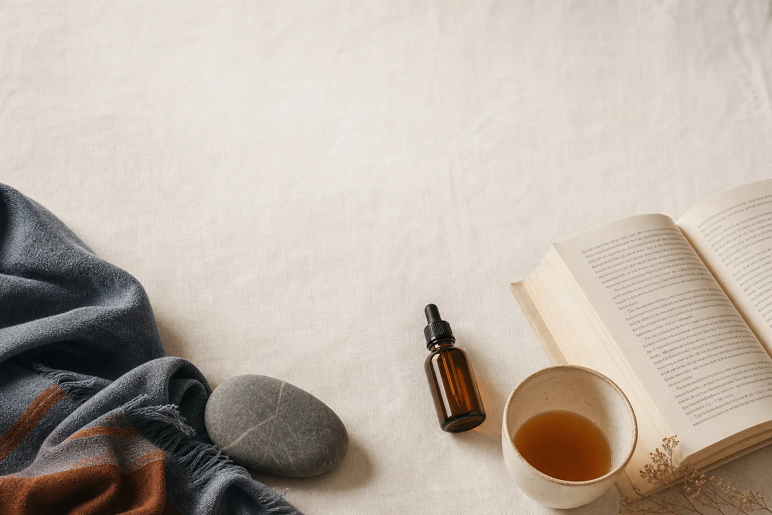 Editorial overhead still-life on a soft off-white linen surface. A small unbranded amber glass vial with a slim dropper sits next to an open paperback book and a half-finished cup of tea casting a long shadow. A folded scarf in the corner and a smoothed river stone for visual weight. No faces, no clinical setting, no syringes. Magazine-cover composition, restrained palette of bone, slate-blue and warm rust, sans-serif typography, generous negative space at the top for a headline.