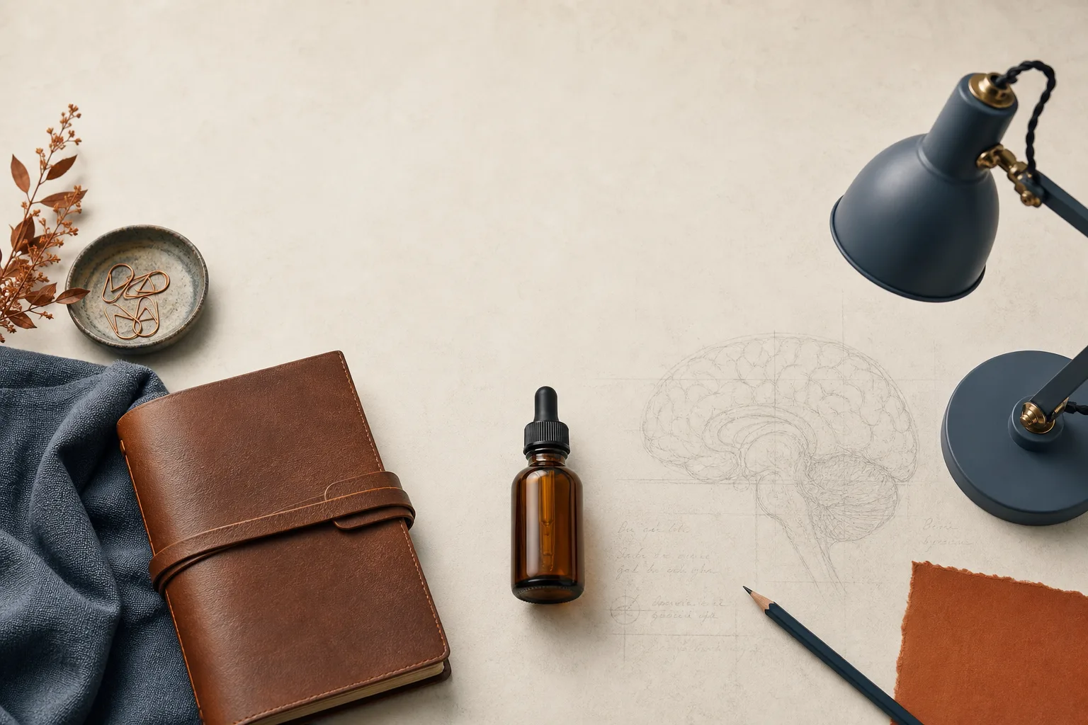 Editorial overhead still life on a soft off-white desk surface: a small unbranded amber dropper bottle and a folded leather-bound notebook beside an unlit task lamp, with a faint pencil sketch of a brain silhouette as a textured background element. No faces, no clinical setting, no needles depicted. Magazine-cover composition, restrained palette of bone, slate-blue and warm rust, sans-serif typography, generous negative space at the top for a headline.