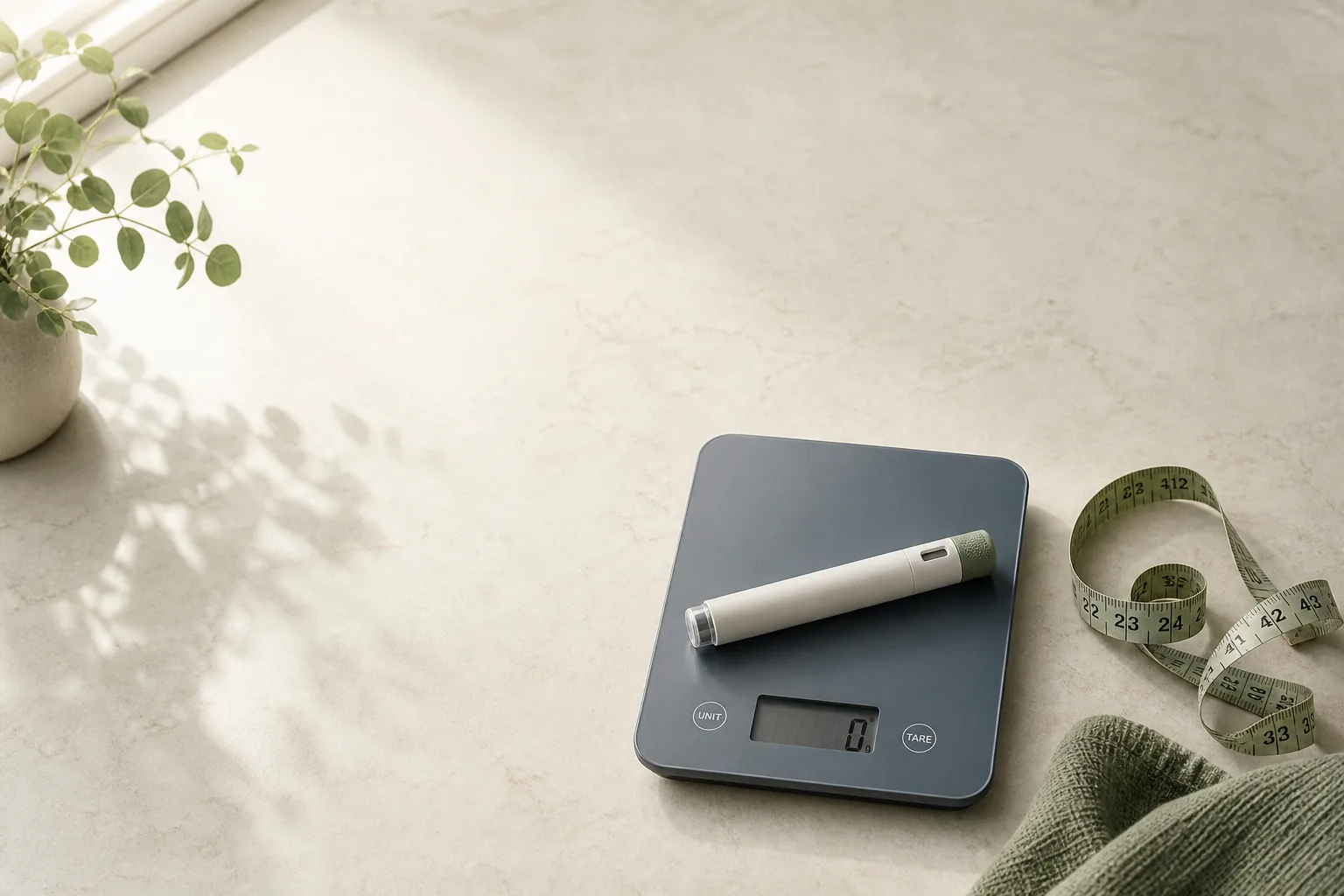 Editorial overhead still life of a small kitchen scale on a clean stone counter, with a measuring tape coiled loosely beside it and a single small unbranded pen-style auto-injector resting on top. Soft morning light from a window, no faces, no clinical setting. Magazine-cover composition, desaturated palette of bone, slate-blue and sage green, generous negative space at the top for a headline.