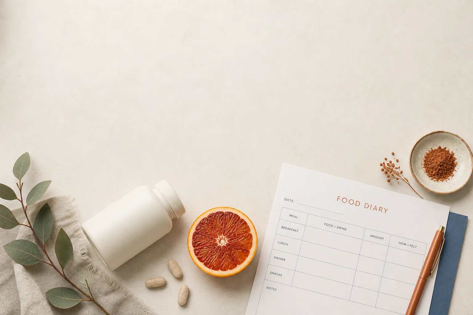 Editorial overhead still life on a soft off-white surface: a small unbranded pill bottle laid horizontally next to a sliced cross-section of a citrus fruit and a thin paper food-diary sheet. No faces, no clinical setting, no needles depicted. Magazine-cover composition, restrained palette of bone, slate-blue and warm rust, sans-serif typography, generous negative space at the top for a headline.