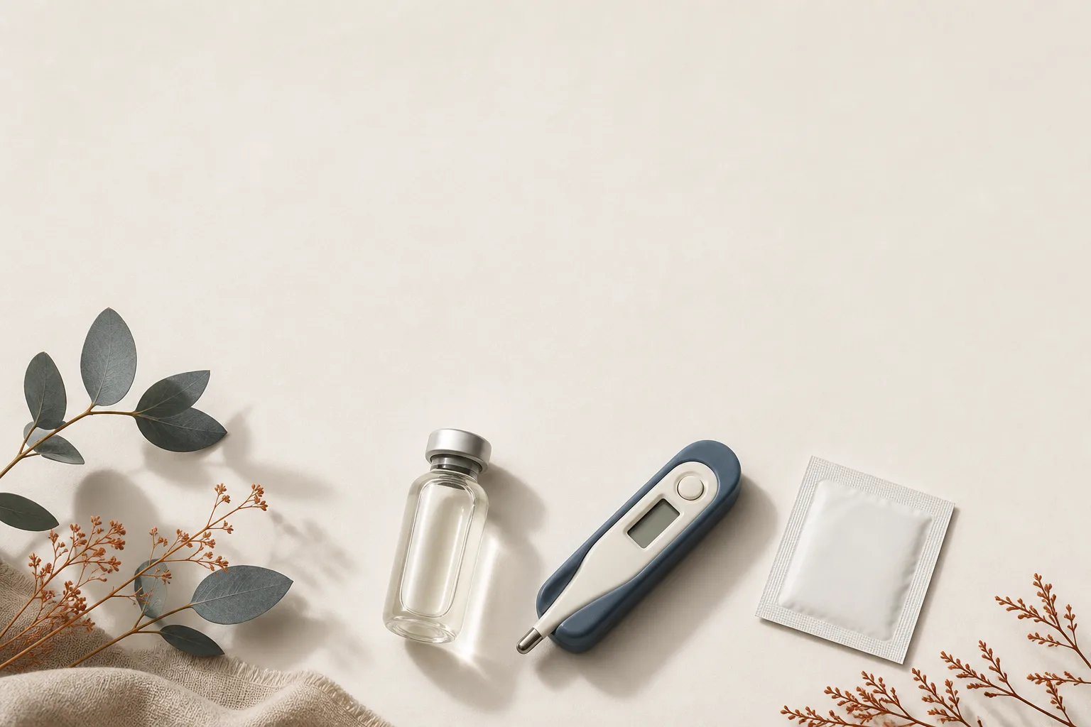 Editorial overhead still life on a soft off-white surface: a small unbranded glass vial sitting beside a folded thermometer and a single sealed alcohol swab. No faces, no clinical setting, no needles depicted. Magazine-cover composition, restrained palette of bone, slate-blue and warm rust, sans-serif typography, generous negative space at the top for a headline.