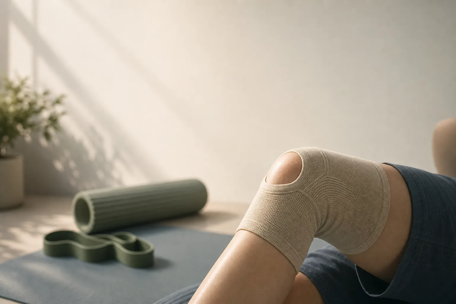 Editorial photograph of a knee or shoulder joint area on a person, mid-rehabilitation, with a resistance band and a foam roller visible in the soft-focus background. Quiet morning light through a window, magazine-cover composition, no faces, no clinical setting. Desaturated palette of bone, slate-blue, sage green, soft directional light, generous negative space at the top for a headline.