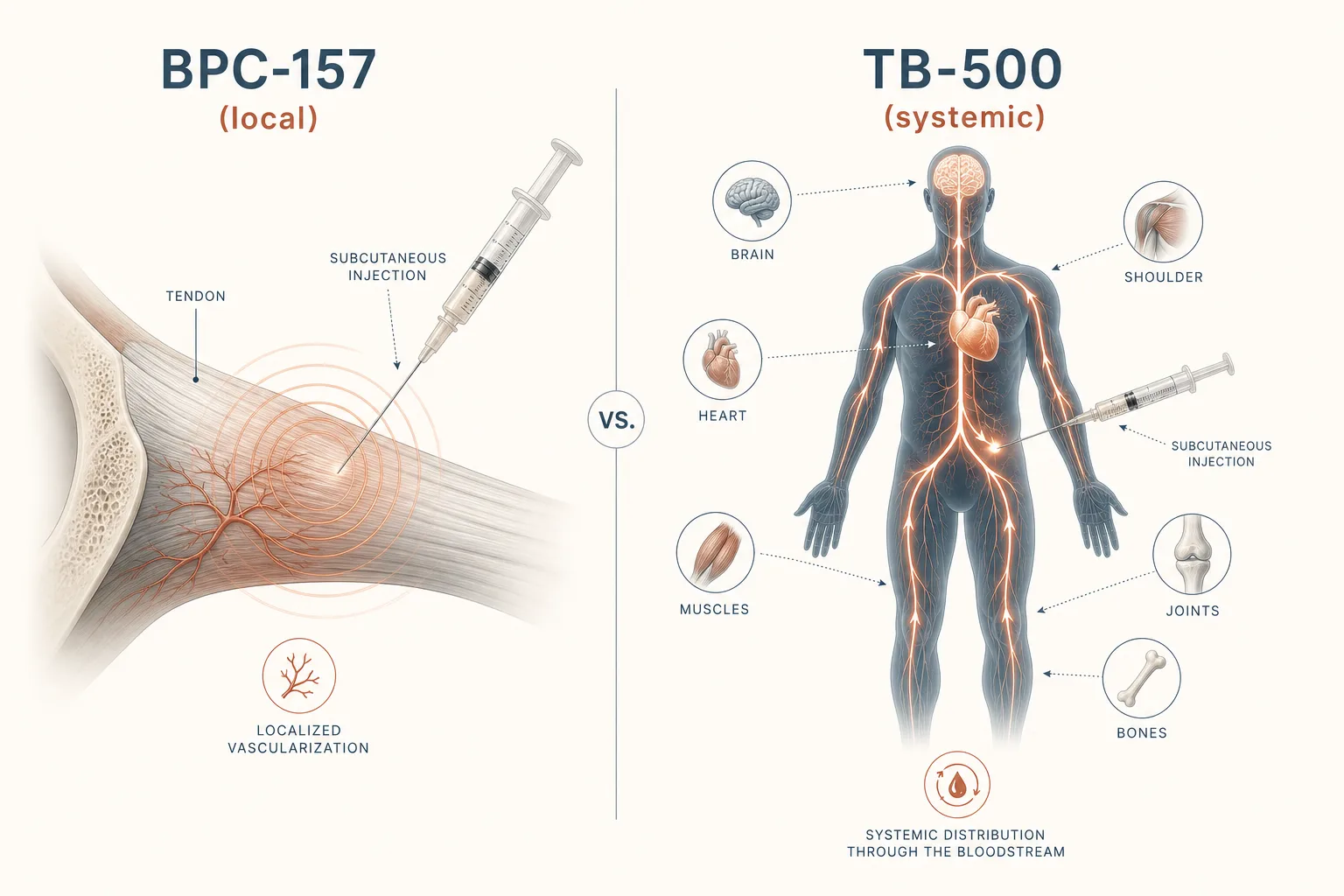 Editorial diagram contrasting local vs systemic healing approaches. Left side labeled 'BPC-157 (local)' shows a stylized tendon with a small subcutaneous injection arrow pointing to it and concentric ripples emanating outward, illustrating localized vascularization. Right side labeled 'TB-500 (systemic)' shows a full body silhouette with a single subcutaneous injection at the abdomen and faint glowing arrows traveling through the bloodstream to multiple distant tissue sites. Clean medical-illustration style, restrained palette of slate-blue, warm rust and bone on off-white, sans-serif typography, no shading.