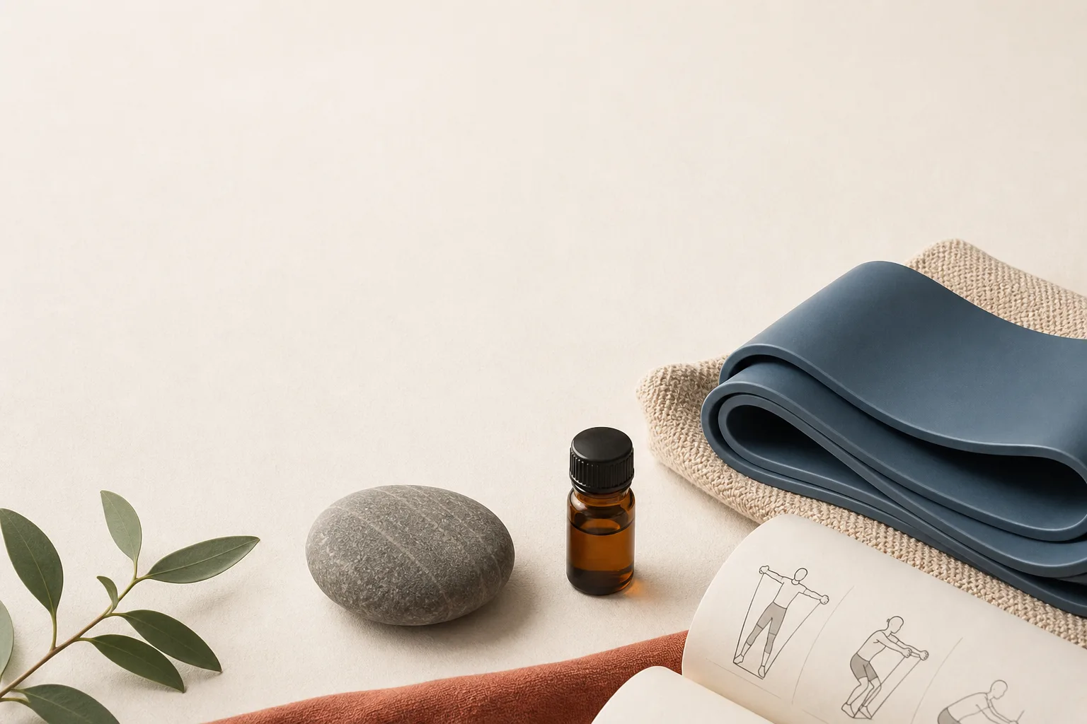 Editorial overhead still-life on a soft off-white surface. A small unbranded amber glass vial sits next to a folded resistance band, a smooth river stone, and a rolled-up paper exercise diagram visible at the edge of frame. No faces, no clinical setting, no syringes in tissue. Magazine-cover composition, restrained palette of bone, slate-blue, sage, and warm rust, sans-serif typography, generous negative space at the top for a headline.