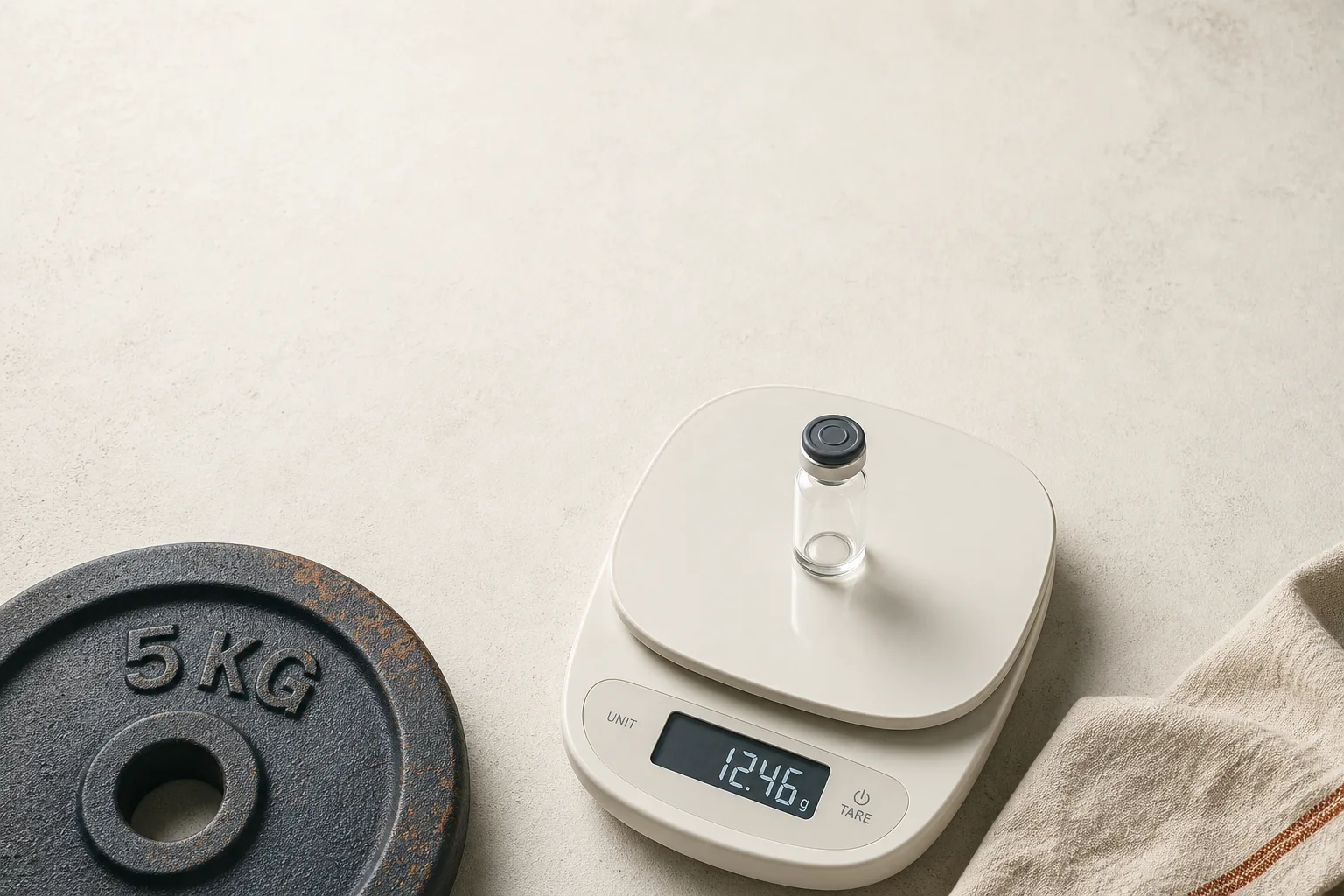 Editorial overhead still life on a soft off-white surface: a single small unbranded glass vial with a rubber stopper resting on a clean white kitchen scale, with a 5 kg cast-iron weight plate just visible to one side as a textured background element. No faces, no clinical setting, no branding, no needles depicted. Magazine-cover composition, restrained palette of bone, slate-blue and warm rust, generous negative space at the top for a headline.