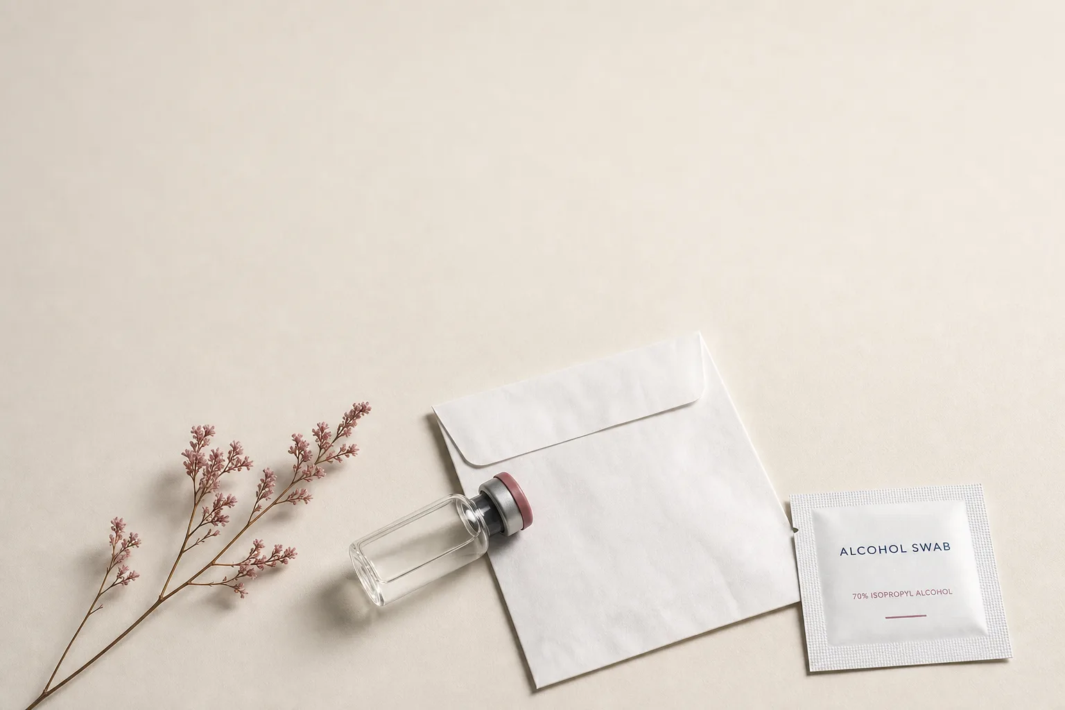 Editorial overhead still life on a soft off-white surface: a small unbranded glass vial laid horizontally next to an unmarked white prescription envelope and a single sealed alcohol swab. No faces, no clinical setting, no needles depicted. Magazine-cover composition, restrained palette of bone, slate-blue and dusty rose, sans-serif typography, generous negative space at the top for a headline.