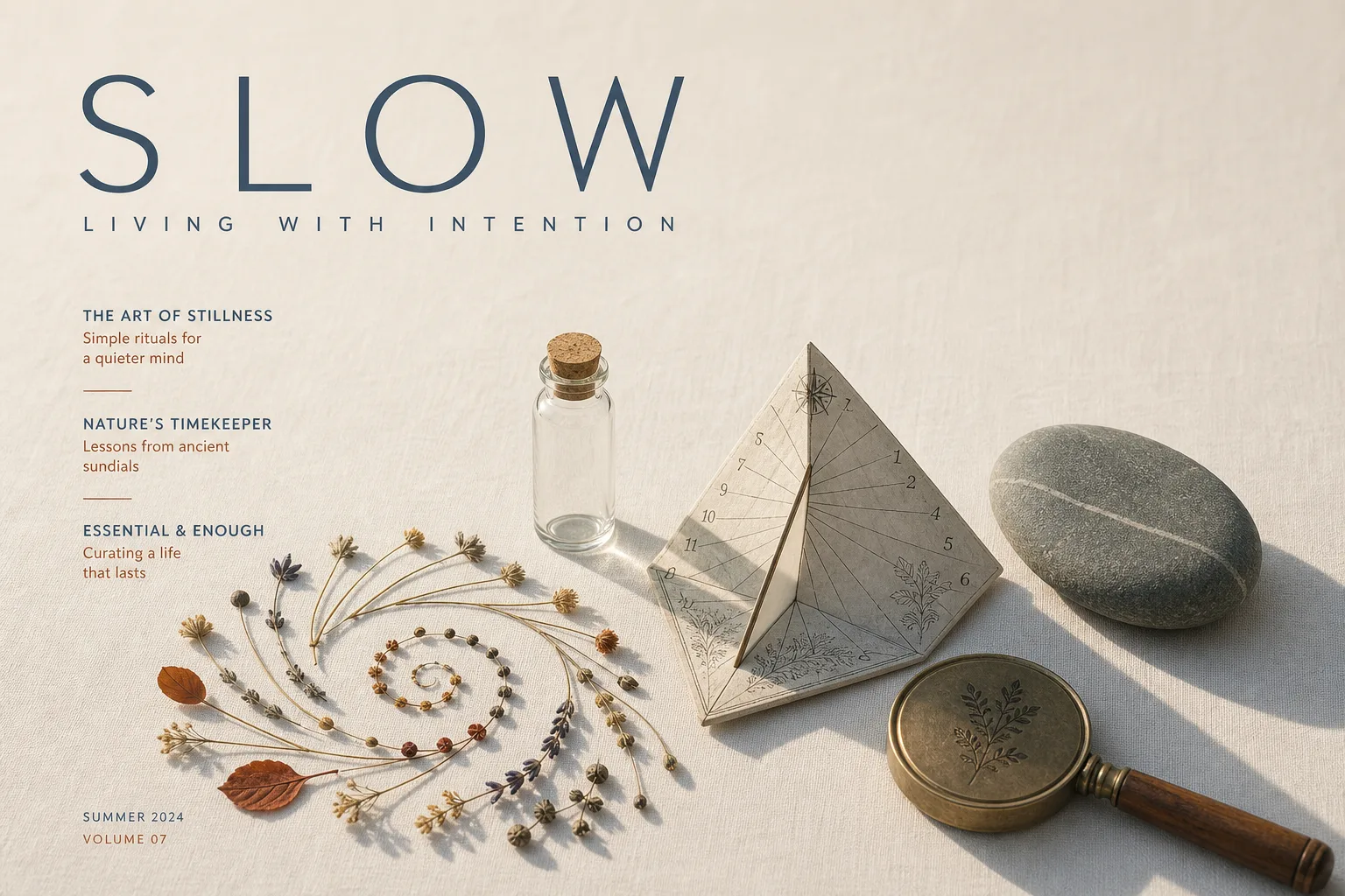 Editorial overhead still-life on a soft off-white linen surface. A small unbranded clear glass vial sits next to a folded paper sundial and a smooth river stone. A spiral of small dried botanicals fans out at one corner; a magnifying glass lies face-down nearby. Long, slightly elongated shadows imply late-afternoon light. No faces, no clinical setting, no syringes. Magazine-cover composition, restrained palette of bone, slate-blue and warm rust, sans-serif typography, generous negative space at the top for a headline.
