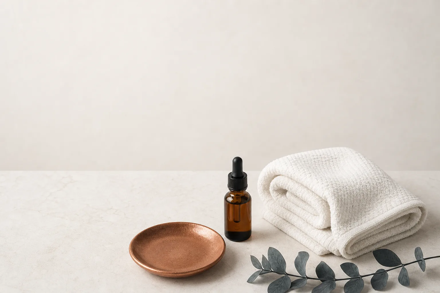 Editorial overhead still life on a soft off-white bathroom counter: a small unbranded amber-glass dropper bottle and a flat copper-coloured ceramic dish with a coiled white cotton washcloth folded beside them. Soft north-light from above, no faces, no clinical setting, no branding. Magazine-cover composition, restrained palette of bone, slate-blue and warm copper, generous negative space at the top for a headline.