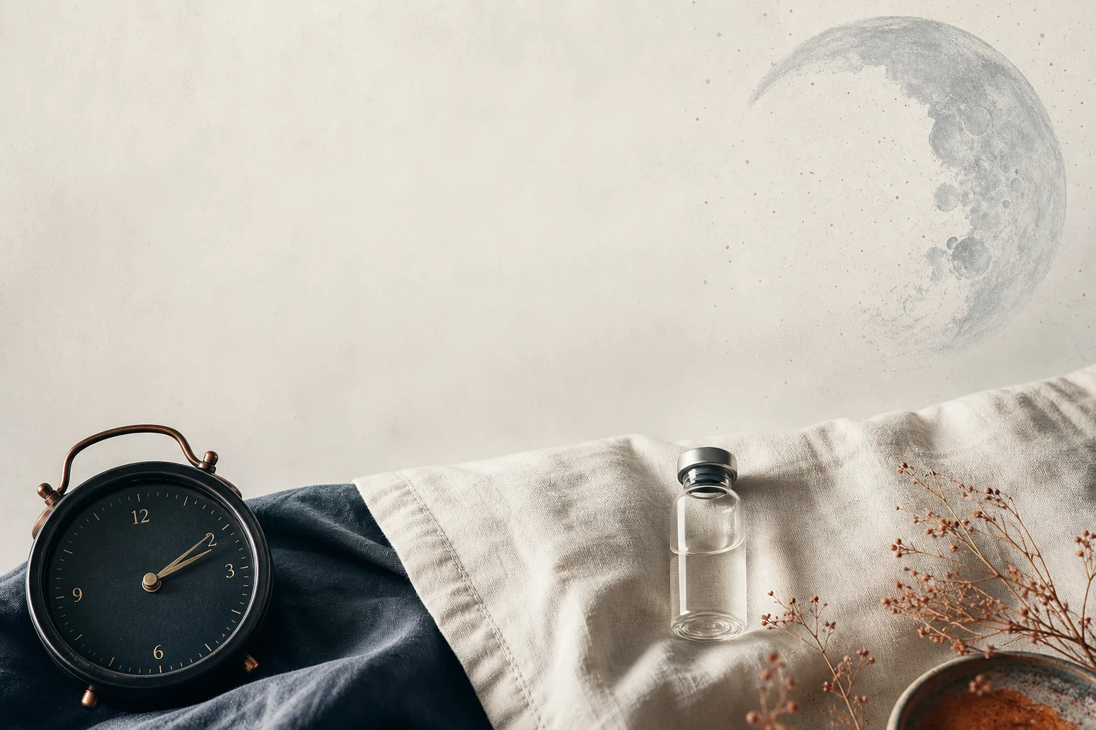 Editorial overhead still life on a soft off-white surface: a small unbranded glass vial sitting on a folded linen pillowcase next to a low-light analog alarm clock showing the small hours. Soft moon-shape illustration above as a textured background element. No faces, no clinical setting, no needles depicted. Magazine-cover composition, restrained palette of bone, slate-blue and warm rust, sans-serif typography, generous negative space at the top for a headline.