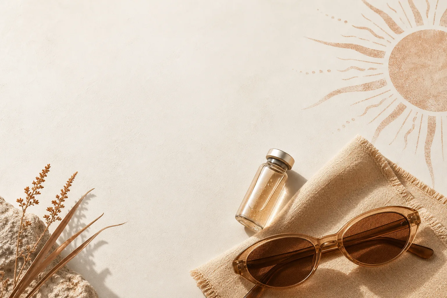 Editorial overhead still life on a soft off-white surface: a small unbranded glass vial sitting next to a folded warm-sand-coloured cotton swatch and a pair of small UV-protective sunglasses. A faint stylised sun illustration in the upper portion of the frame as a textured background element. No faces, no clinical setting, no needles depicted. Magazine-cover composition, restrained palette of bone, warm rust and sand-tan, sans-serif typography, generous negative space at the top for a headline.