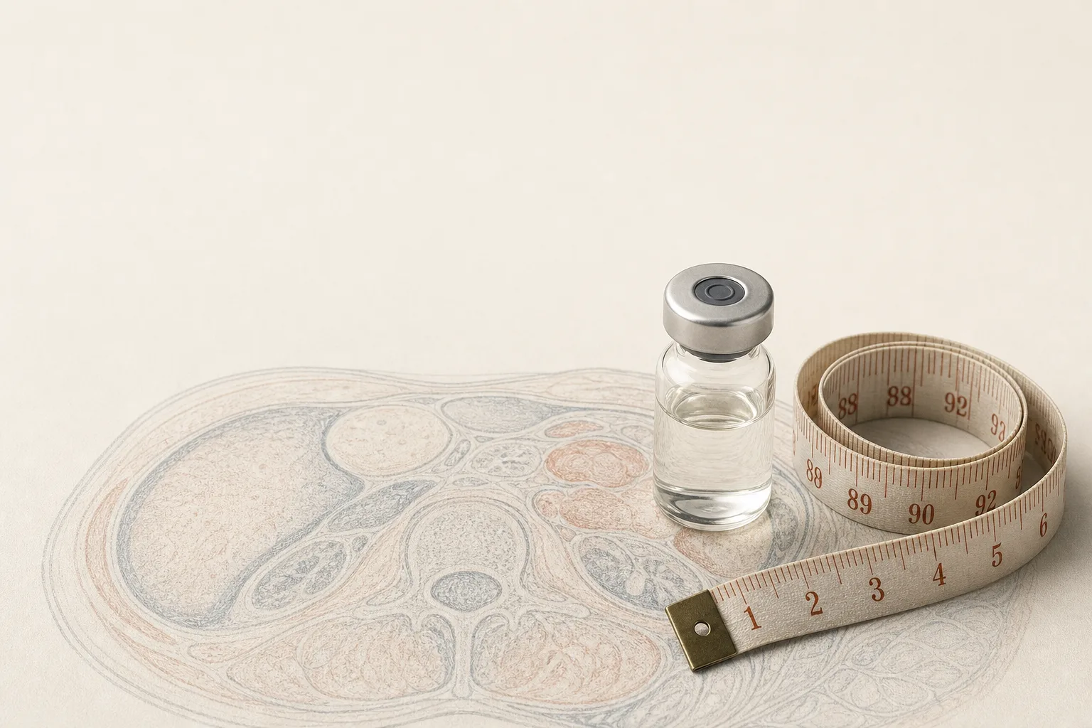Editorial overhead still life on a soft off-white surface: a single small unbranded glass vial with a rubber stopper resting next to a coiled fabric measuring tape, with a soft anatomical-illustration silhouette of an abdominal cross-section just visible underneath as a textured background element. No faces, no clinical setting, no branding. Magazine-cover composition, restrained palette of bone, slate-blue and warm rust, generous negative space at the top for a headline.