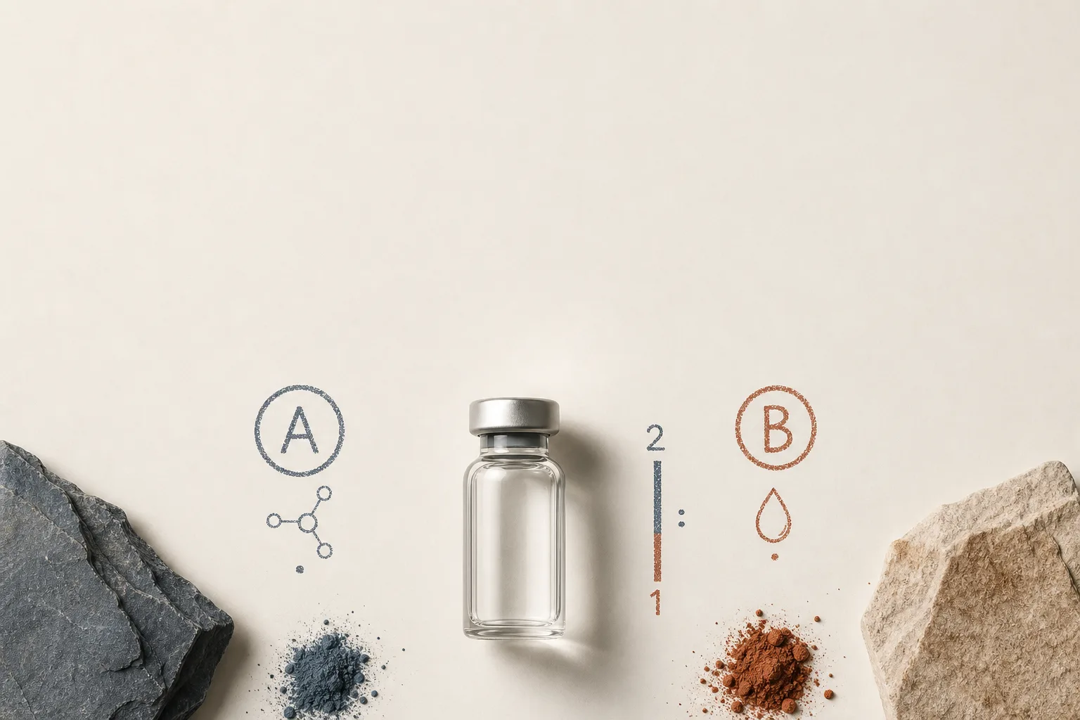 Editorial overhead still life: a small unbranded glass vial centered on a clean off-white surface, with two small chalk-style icons floating around it labeled 'A' and 'B' in different muted hues to suggest a two-component blend. A thin ratio bar (2:1) drawn beside the vial as a visual annotation. No labels on the vial itself, no faces, no clinical setting. Magazine-cover composition, soft directional light, desaturated palette of bone, slate-blue and warm rust, generous negative space at the top for a headline.