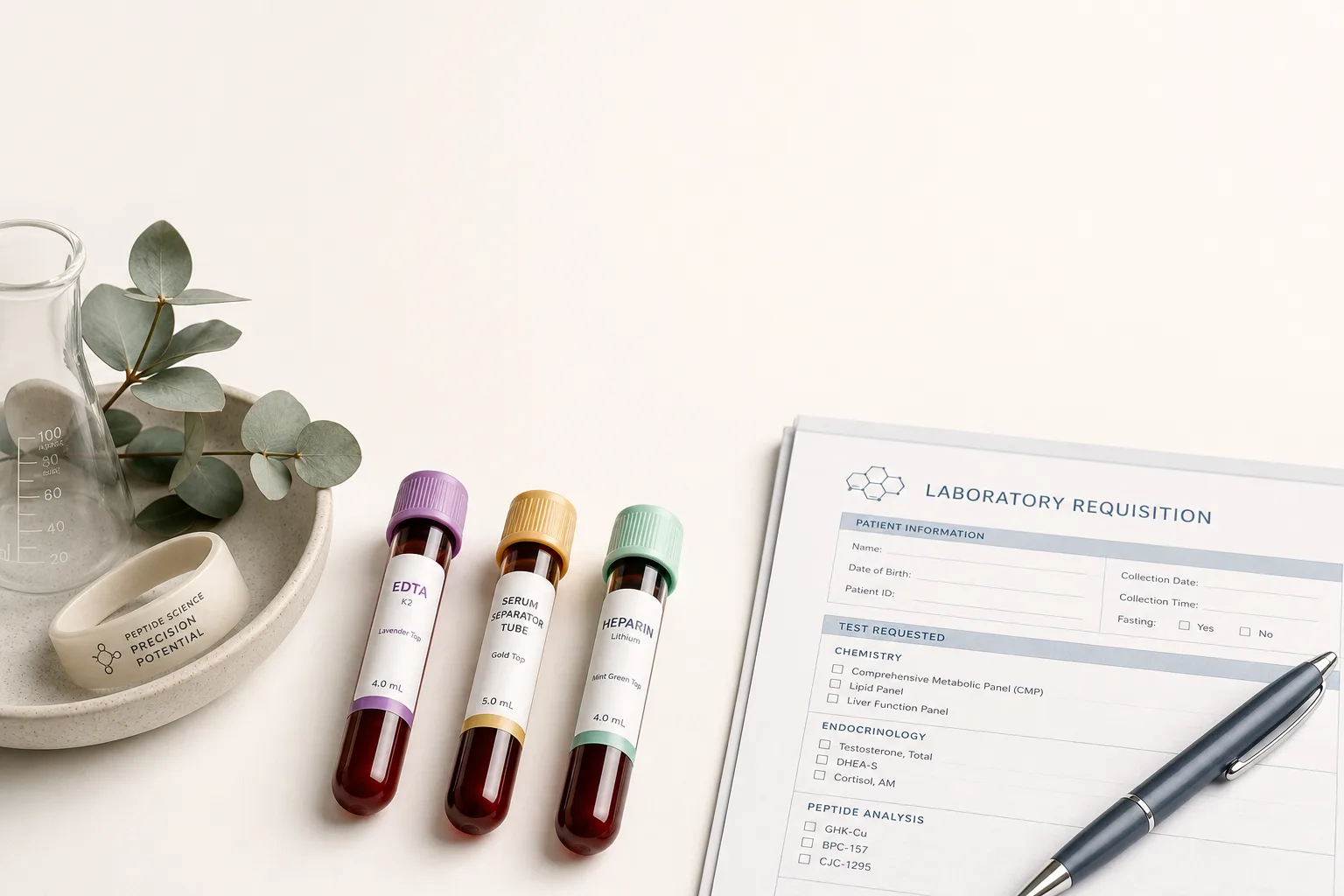 Editorial overhead still life on a clean lab bench: a row of three blood-collection tubes (purple-top EDTA, gold-top serum-separator, mint-green-top heparin) standing next to a folded lab requisition form and a precision pen. No labels, no faces, no needles. Magazine-cover composition, desaturated palette of bone, slate-blue and warm rust on off-white, soft directional light, generous negative space at the top for a headline.