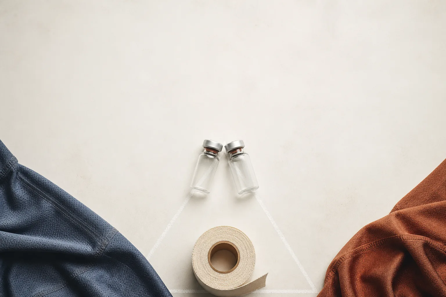 Editorial overhead still life on a soft off-white surface: two small unbranded glass vials placed at the apex of a thin chalk-drawn triangle with a roll of athletic tape at the bottom point, suggesting connection. No faces, no clinical setting, no needles depicted. Magazine-cover composition, restrained palette of bone, slate-blue and warm rust, sans-serif typography, generous negative space at the top for a headline.