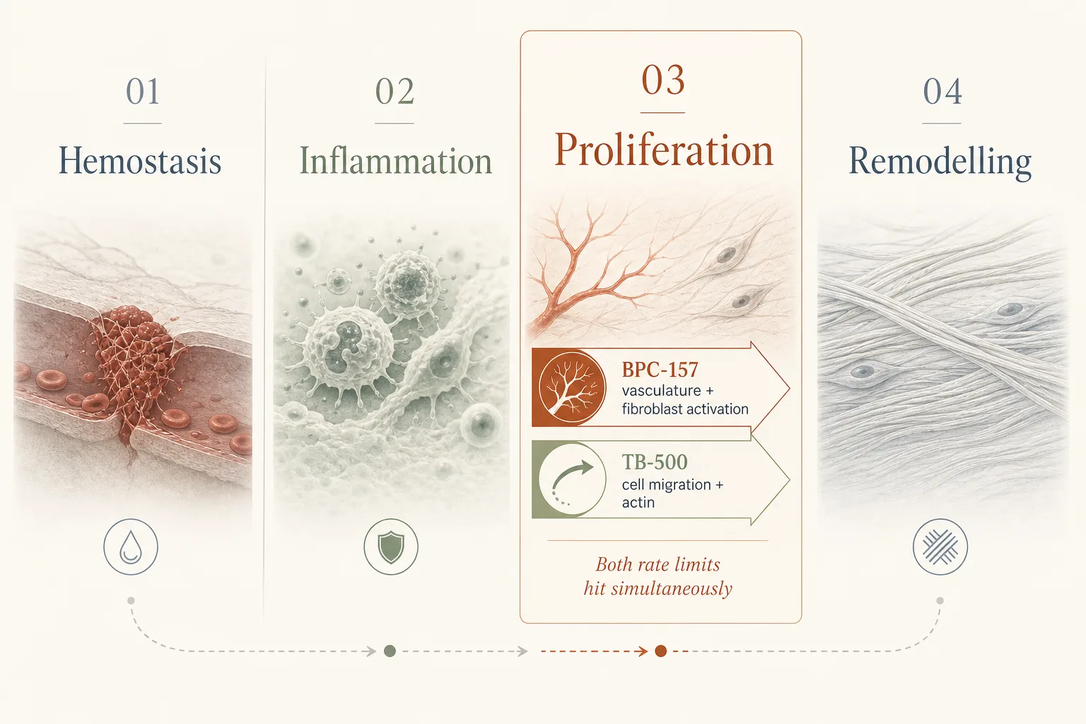 Editorial four-phase repair-cycle illustration on a soft off-white background, magazine style. Four narrow vertical bands left to right labelled 'Hemostasis', 'Inflammation', 'Proliferation', 'Remodelling'. The middle 'Proliferation' band is highlighted with two small overlapping arrows: a vascular branching icon labelled 'BPC-157 - vasculature + fibroblast activation' and a curved migration-arrow icon labelled 'TB-500 - cell migration + actin'. Subtle annotation: 'Both rate limits hit simultaneously'. Restrained palette of slate-blue, sage and warm rust on bone, generous white space, no chart axes.