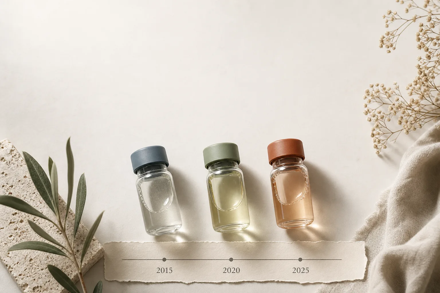Editorial overhead still life on a soft off-white surface: three small unbranded glass vials in a loose row, each capped in a different muted hue (slate-blue, sage green, warm rust). A thin paper timeline strip runs across the bottom of the frame with three subtle markers labelled by year. No faces, no clinical setting, no needles depicted. Magazine-cover composition, restrained palette, sans-serif typography, generous negative space at the top for a headline.
