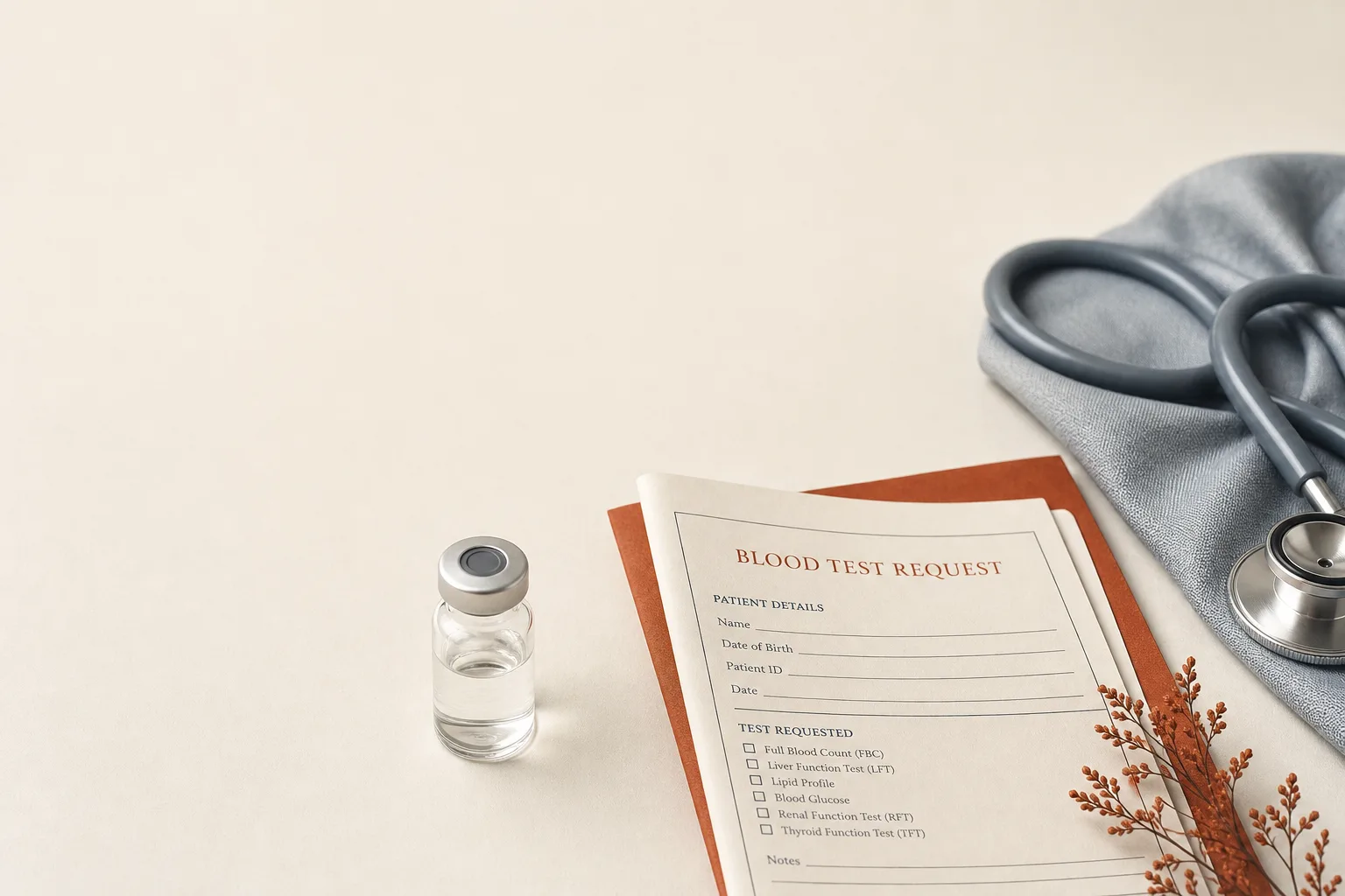 Editorial overhead still life on a soft off-white surface: a single small unbranded glass vial with a rubber stopper resting next to a folded blood-test request form and a coiled stethoscope just visible at the edge of frame as a textured background element. No faces, no clinical setting, no needles depicted, no branding. Magazine-cover composition, restrained palette of bone, slate-blue and warm rust, generous negative space at the top for a headline.