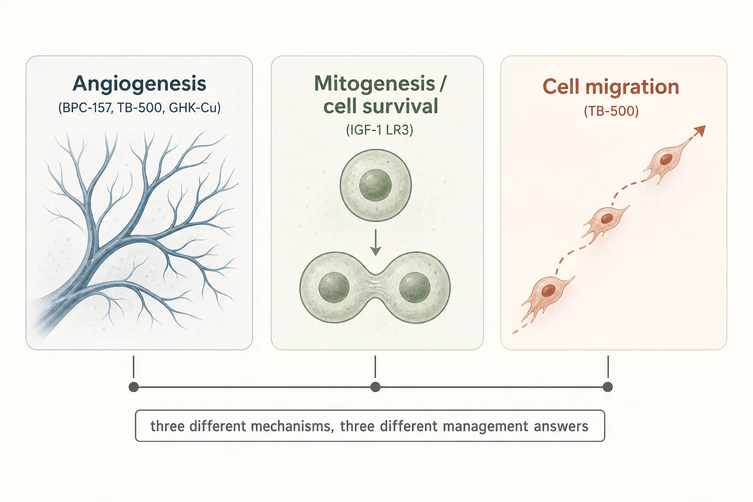 Editorial three-cell illustration on a soft off-white background, magazine style. Three small panels in a row, each labelled with a mechanism: 'Angiogenesis (BPC-157, TB-500, GHK-Cu)' showing a stylised abstract branching of new blood vessels in muted slate-blue; 'Mitogenesis / cell survival (IGF-1 LR3)' showing a single cell dividing into two daughter cells in muted sage green; 'Cell migration (TB-500)' showing a stylised arrow path of a cell moving across the panel in warm rust. Beneath the row, a single horizontal line connects them with a small label 'three different mechanisms, three different management answers'. Restrained palette, clean medical-illustration style, no chart axes, generous white space, sans-serif typography.
