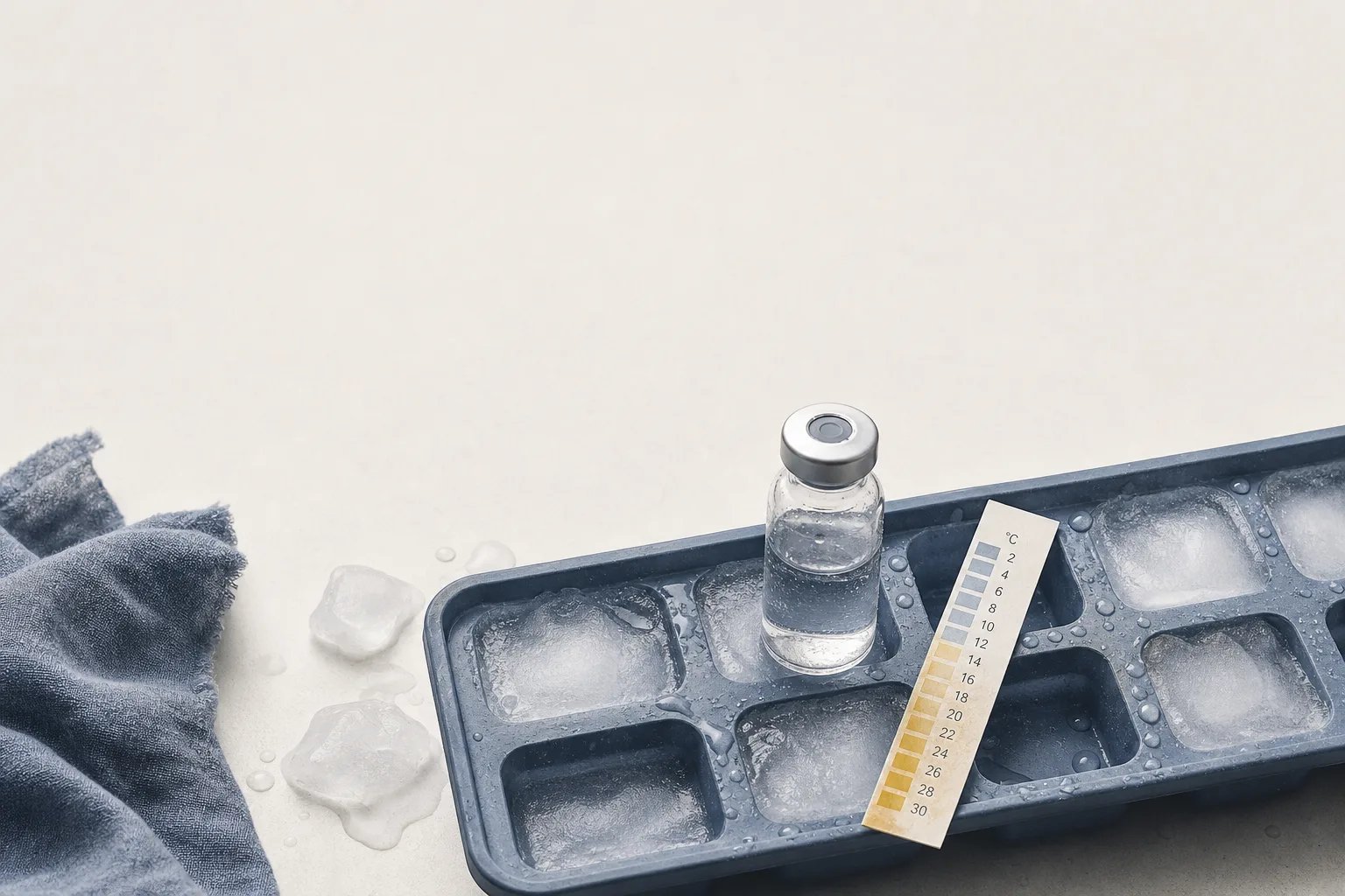 Editorial overhead still life on a soft off-white surface: a small unbranded glass vial sitting on a slowly-melting ice-cube tray with a thin paper temperature-strip indicator beside it, partially yellowed from a thermal excursion. No faces, no clinical setting, no needles depicted. Magazine-cover composition, restrained palette of bone, slate-blue and pale ice-blue, sans-serif typography, generous negative space at the top for a headline.