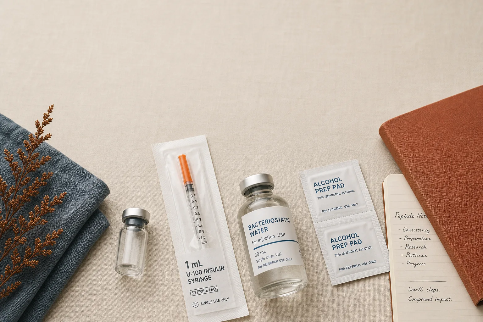 Editorial flat-lay on bone-coloured linen: a small unbranded vial, a single 1 mL insulin syringe in its packet, a bottle of bacteriostatic water, a strip of alcohol wipes, and a folded paper notebook with the corner of a written page peeking through. Soft overhead light. Restrained palette of slate-blue, warm rust and bone, magazine-grade typography, no faces, generous negative space at the top for a headline.
