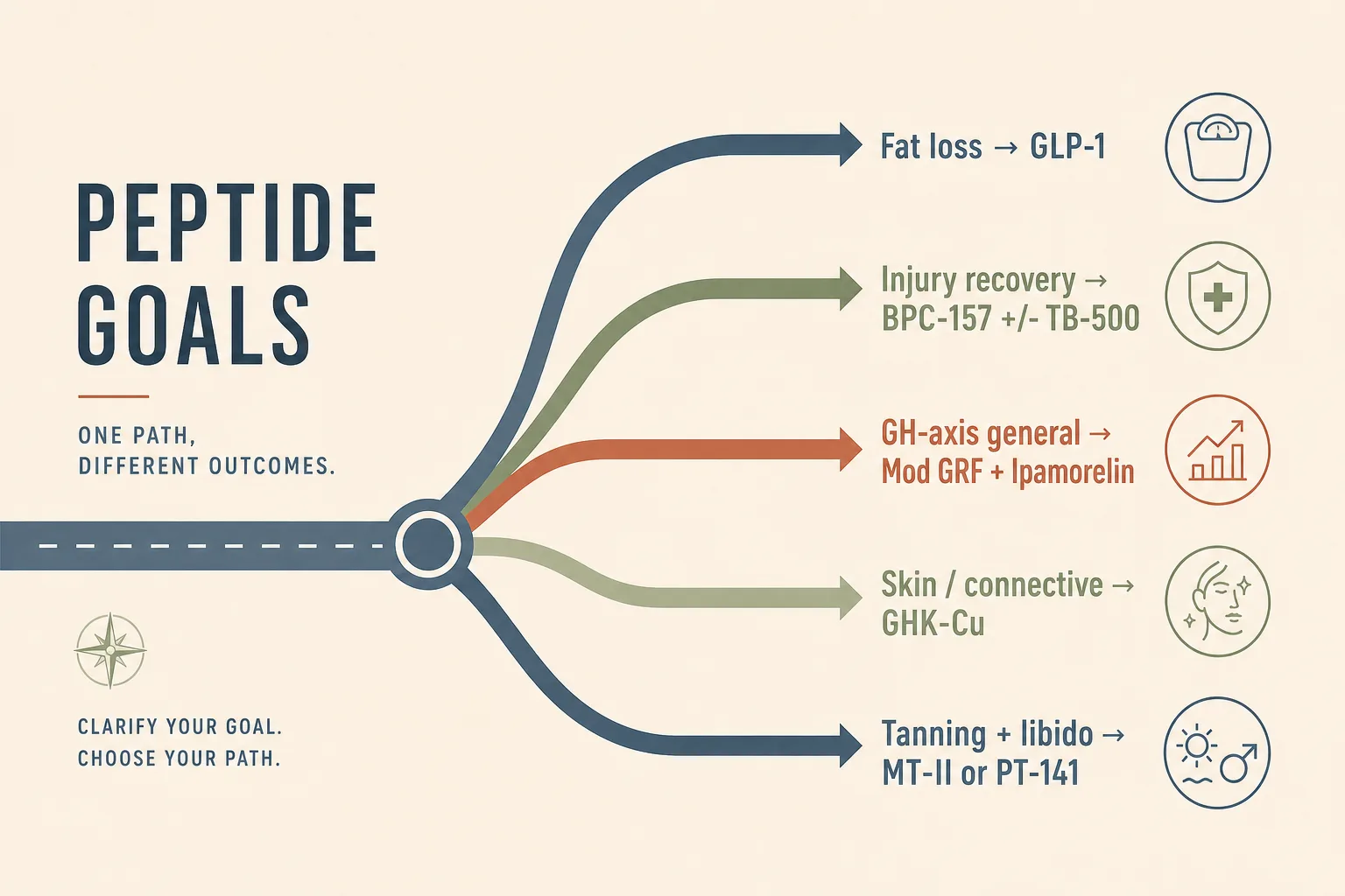 Editorial fork-in-the-road infographic on bone-coloured background. A horizontal line splits into five labelled branches: 'Fat loss → GLP-1', 'Injury recovery → BPC-157 +/- TB-500', 'GH-axis general → Mod GRF + Ipamorelin', 'Skin / connective → GHK-Cu', 'Tanning + libido → MT-II or PT-141'. Each branch ends in a small icon. Restrained palette of slate-blue, sage and warm rust on bone, sans-serif typography, no faces, magazine-grade infographic style.
