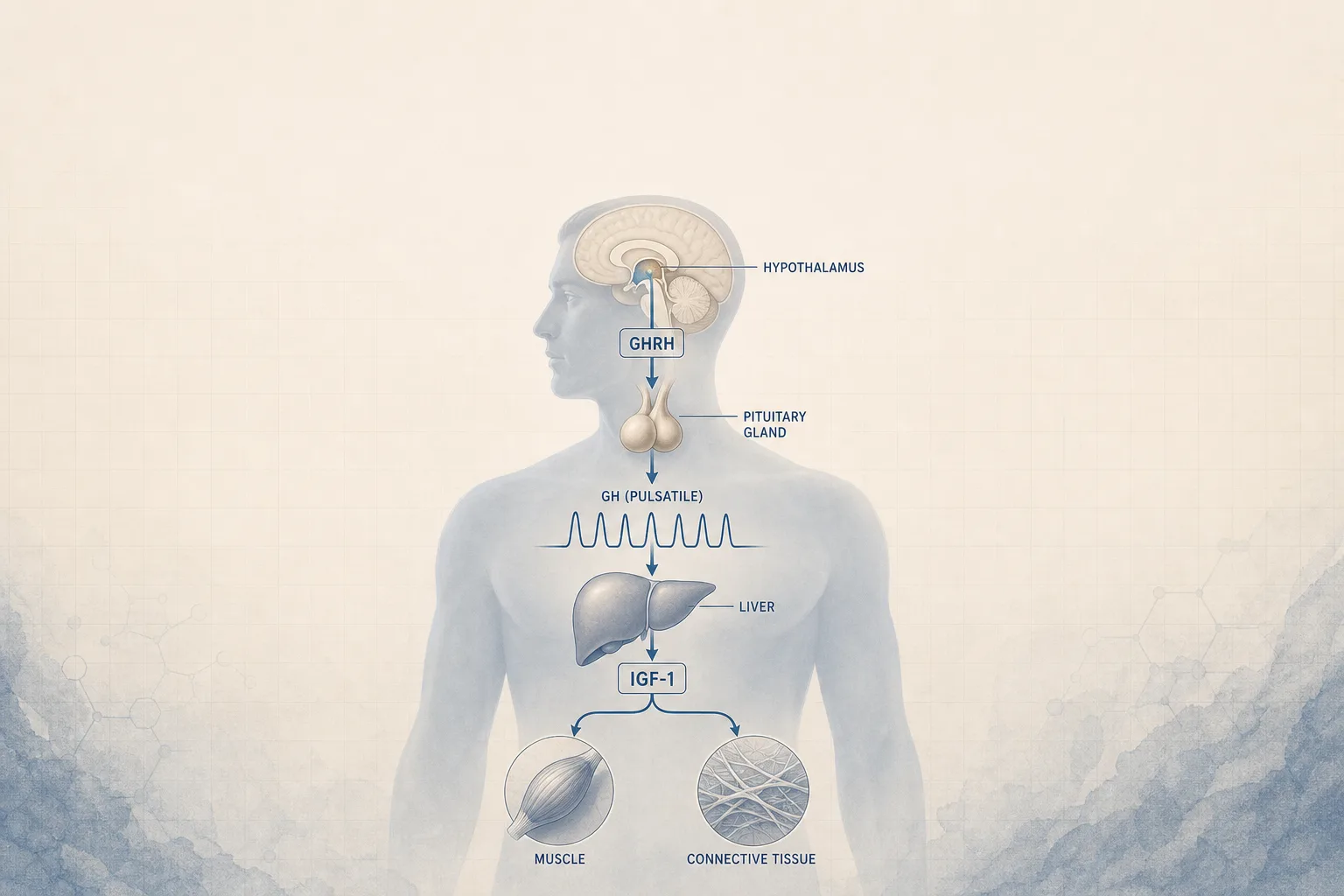 Editorial, muted-tone medical diagram of the GH axis used as a magazine-cover-style hero. A simplified human body silhouette with the hypothalamus at the top releasing a labeled GHRH arrow down to the pituitary, the pituitary releasing a pulse-shaped GH waveform downward to the liver, and the liver producing IGF-1 toward muscle and connective-tissue silhouettes. Clean medical-illustration style, desaturated blue-beige and bone palette, subtle grid background, generous negative space at the top for a headline.