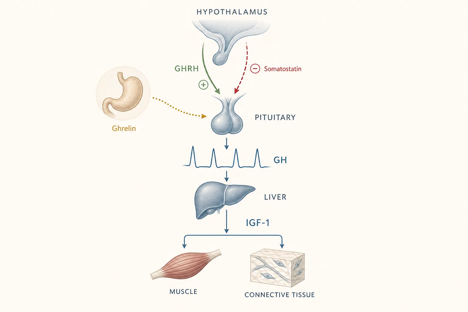 Editorial pathway diagram of the GH axis. From top to bottom: hypothalamus emits two arrows downward to the pituitary, one labeled GHRH (push, solid green), one labeled Somatostatin (brake, dashed red); a third arrow on the side comes from a stomach-shaped icon labeled Ghrelin (potentiate, dotted amber). Pituitary releases a sharp pulse-shaped waveform labeled GH down to a stylized liver, which emits an arrow labeled IGF-1 to muscle and connective-tissue icons at the bottom. Clean medical-illustration style, thin labels, desaturated blue-beige palette, no shading.