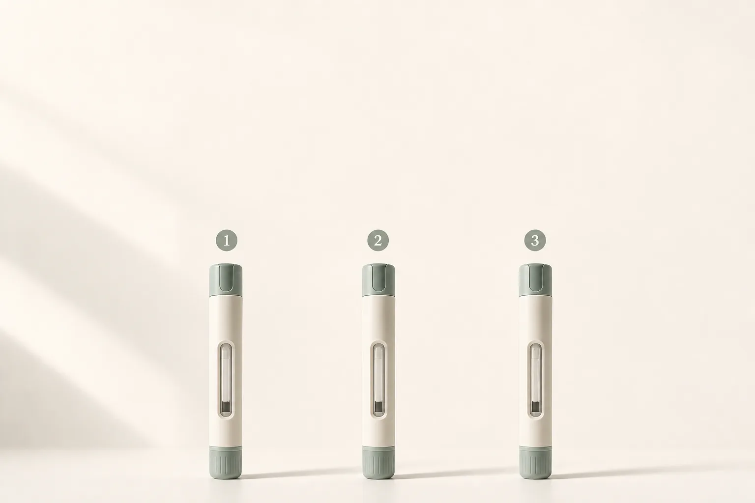 Editorial product-shot composition: three identical unbranded prefilled subcutaneous auto-injector pens stand in a row on a soft seamless backdrop, lit from the upper left. Each pen is subtly tagged with a tiny floating label above it (1 / 2 / 3) without showing any actual brand text. Clean medical-editorial photography, desaturated cool palette of mint, slate and bone, soft shadows, magazine-cover composition with negative space at the top for a headline.