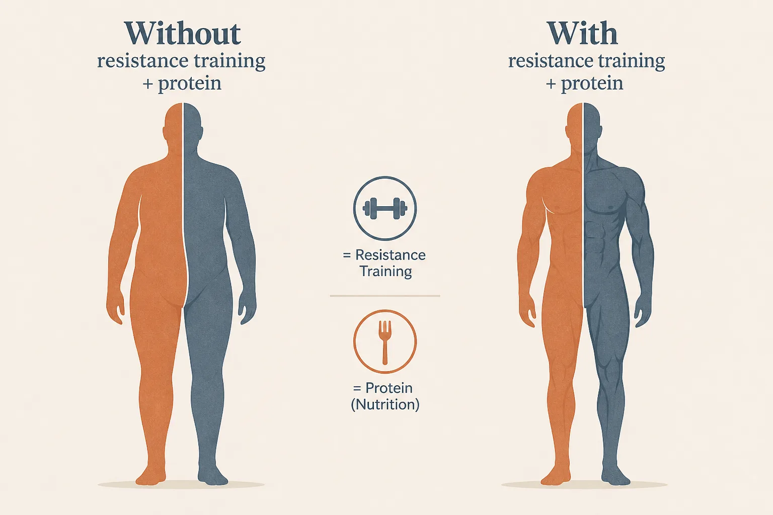 Editorial split-illustration on a single canvas showing two abstract human silhouettes side by side. Left silhouette labeled 'Without resistance training + protein' shrinks down with both fat (warm rust shading) and muscle (slate-blue shading) reduced proportionally. Right silhouette labeled 'With resistance training + protein' shrinks down with fat reduced sharply but muscle silhouette preserved. A small dumbbell icon and a fork icon float between the two as legend. Clean infographic style, restrained palette of slate-blue, warm rust and bone, no faces or photorealistic detail, didactic and respectful.