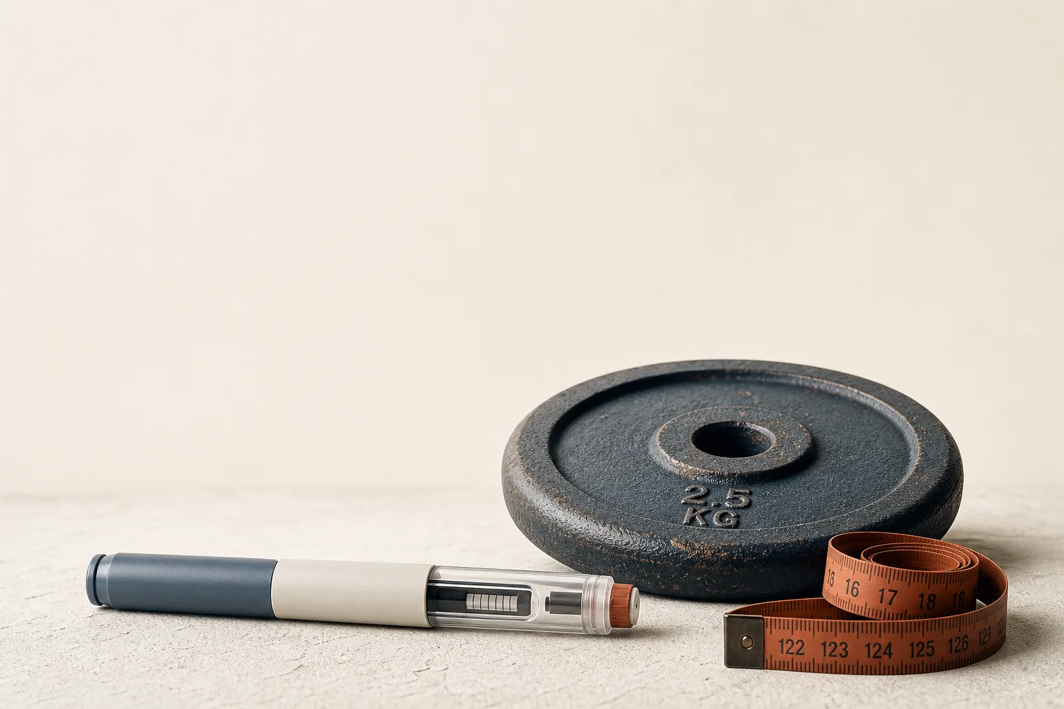 Editorial still life on a soft off-white surface: a single small unbranded pen-style auto-injector lying horizontally next to a 2.5 kg cast-iron weight plate and a coiled measuring tape. No faces, no clinical setting, no branding. Magazine-cover composition, desaturated palette of bone, slate-blue and warm rust, generous negative space at the top for a headline.