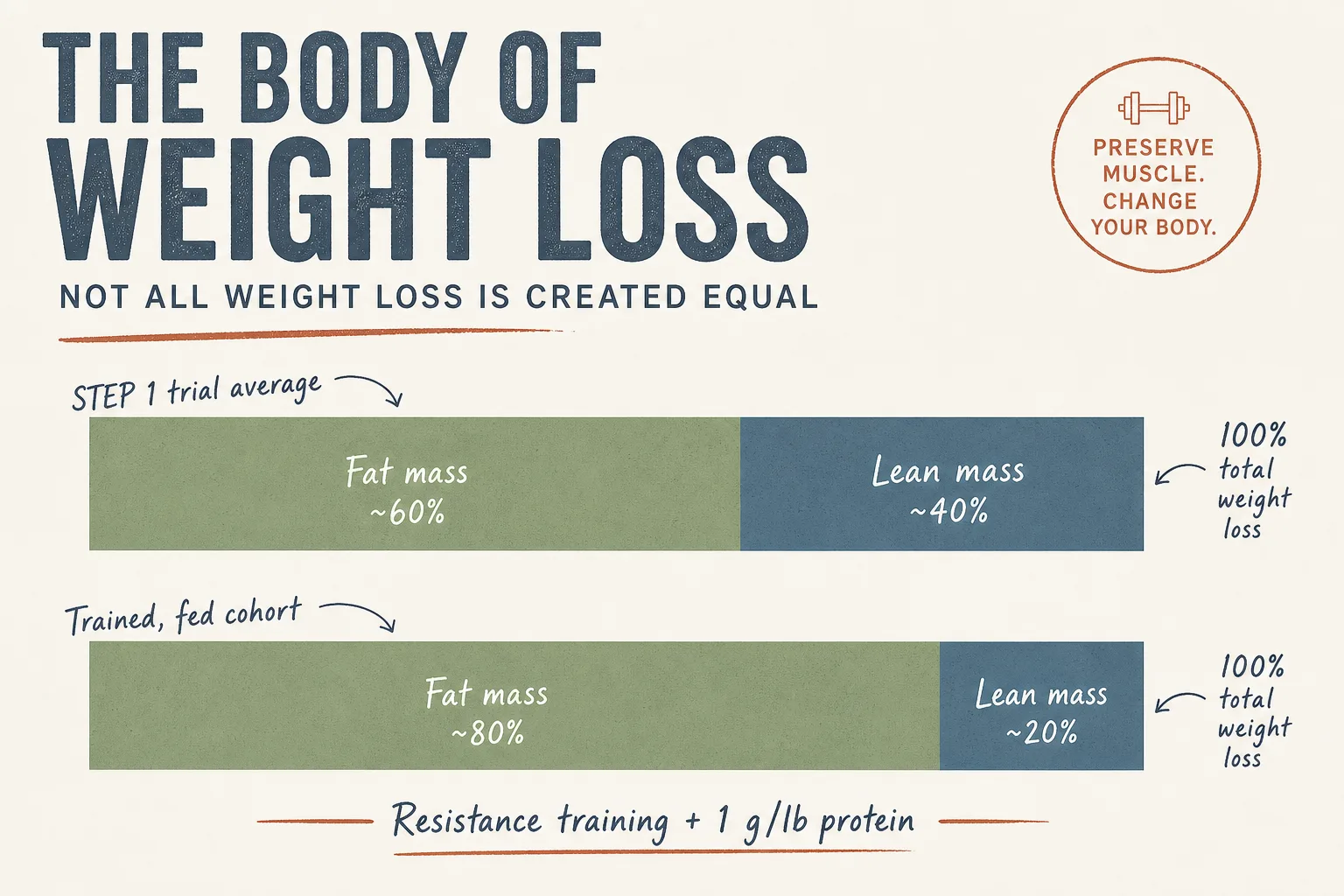 Editorial data-viz illustration on a soft off-white background, magazine style. A horizontal stacked bar showing 100% total weight loss split into two segments: roughly 60% labeled 'Fat mass' in muted sage green and roughly 40% labeled 'Lean mass' in muted slate-blue. Below it, a second horizontal stacked bar of the same total length but split roughly 80% 'Fat mass' / 20% 'Lean mass', labeled below with 'Resistance training + 1 g/lb protein'. Tiny annotations in handwritten-style sans-serif: 'STEP 1 trial average' and 'Trained, fed cohort'. Restrained palette of slate-blue, sage and warm rust on bone, generous white space, no chart axes or grid lines.