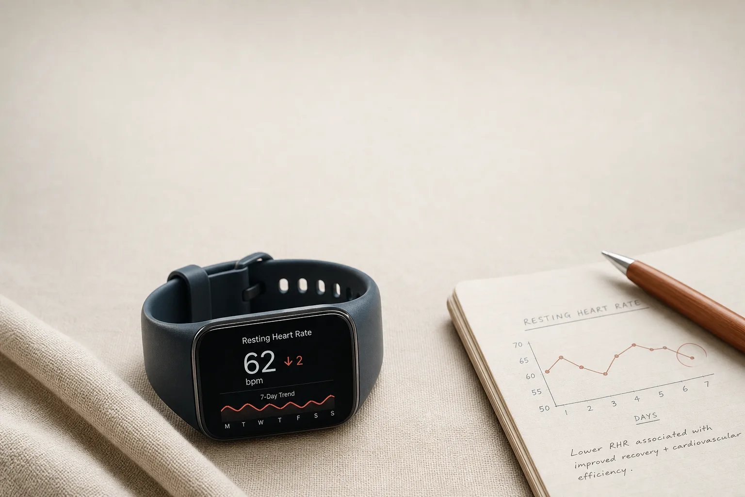 Editorial close-up of a wrist-worn fitness tracker on bone-coloured background, the screen showing a single resting-heart-rate number around 62 bpm with a small trend arrow and a thin 7-day sparkline below it. Soft overhead lighting, no faces or hands visible - just the device on a clean linen surface beside a folded paper notebook with a faint chart sketch peeking through. Restrained palette of slate-blue, warm rust and bone, magazine-grade typography, generous negative space at the top for a headline.