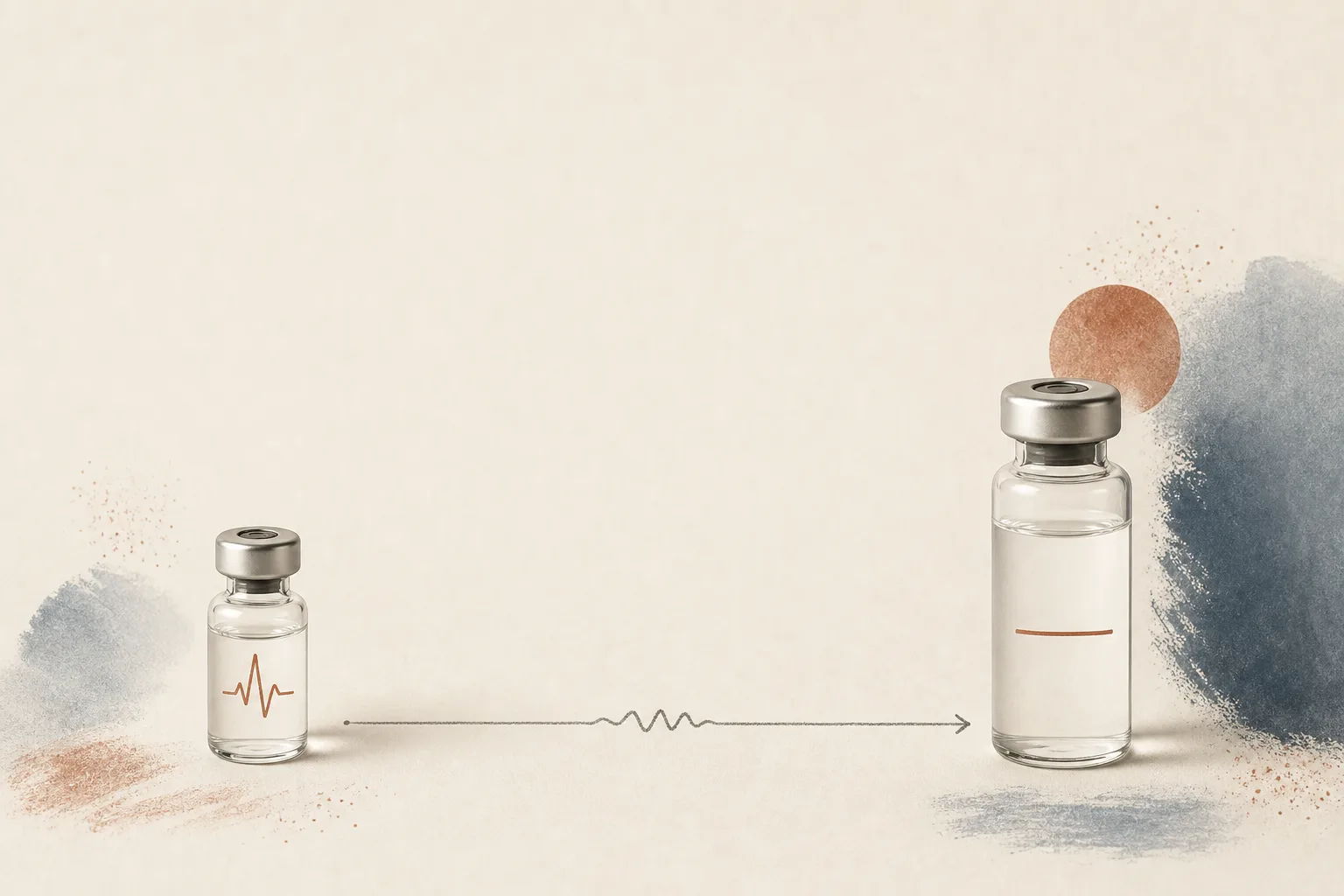 Editorial overhead illustration on a soft off-white surface: two small unbranded glass vials placed at opposite ends of a clean horizontal axis line drawn in soft pencil. The left vial is small and labelled with a thin stylised pulse-wave icon; the right vial is taller and labelled with a flat horizontal-line icon, suggesting continuous elevation. No faces, no clinical setting, no needles depicted. Magazine-cover composition, restrained palette of bone, slate-blue and warm rust, sans-serif typography, generous negative space at the top for a headline.