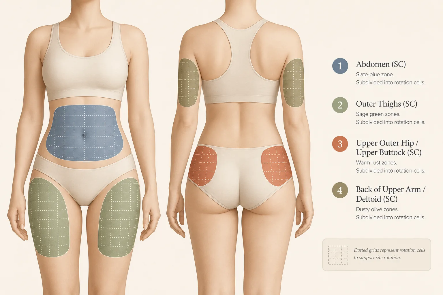 Editorial diagram on a soft off-white background, magazine style. A simple, slightly abstracted human torso silhouette viewed from the front, with four labelled SC zones gently shaded in distinct muted hues: abdomen (slate-blue, 1), outer thighs (sage green, 2), upper outer hip / upper buttock (warm rust, 3), back of upper arm / deltoid (dusty olive, 4). Each zone has a small subtle dotted-grid overlay suggesting subdivision into rotation cells. Numbered legend in the lower-right corner. Restrained palette, clean medical-illustration style, no faces, no needles depicted, generous white space, no chart axes.