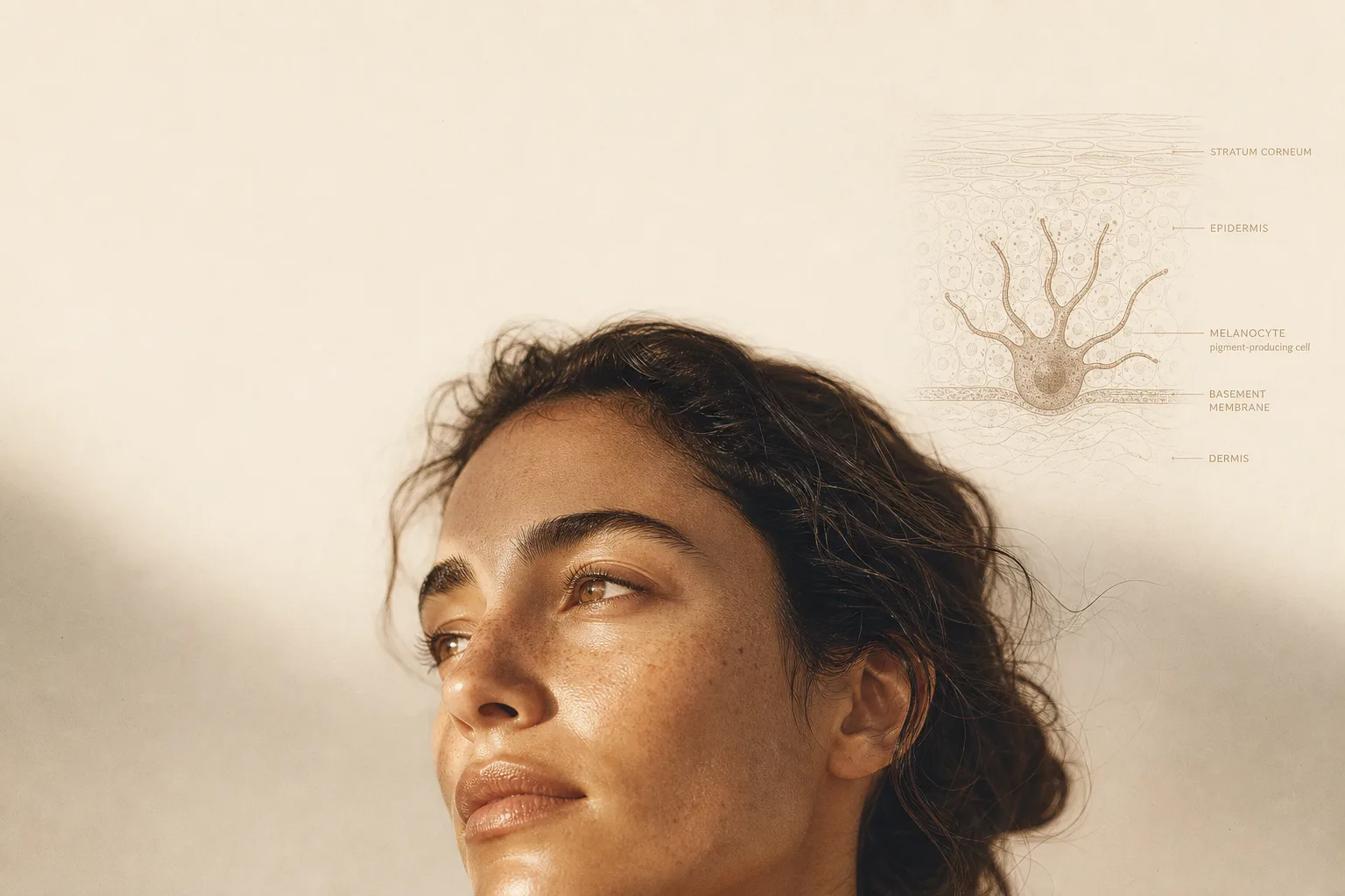 Editorial, muted-tone close-up portrait of a person's face in soft golden-hour light, with a faint anatomical line-art overlay of a melanocyte and skin cross-section ghosted into the upper-right corner. Clean medical-editorial style, desaturated warm-amber and bronze palette, subtle film grain, magazine-cover composition.