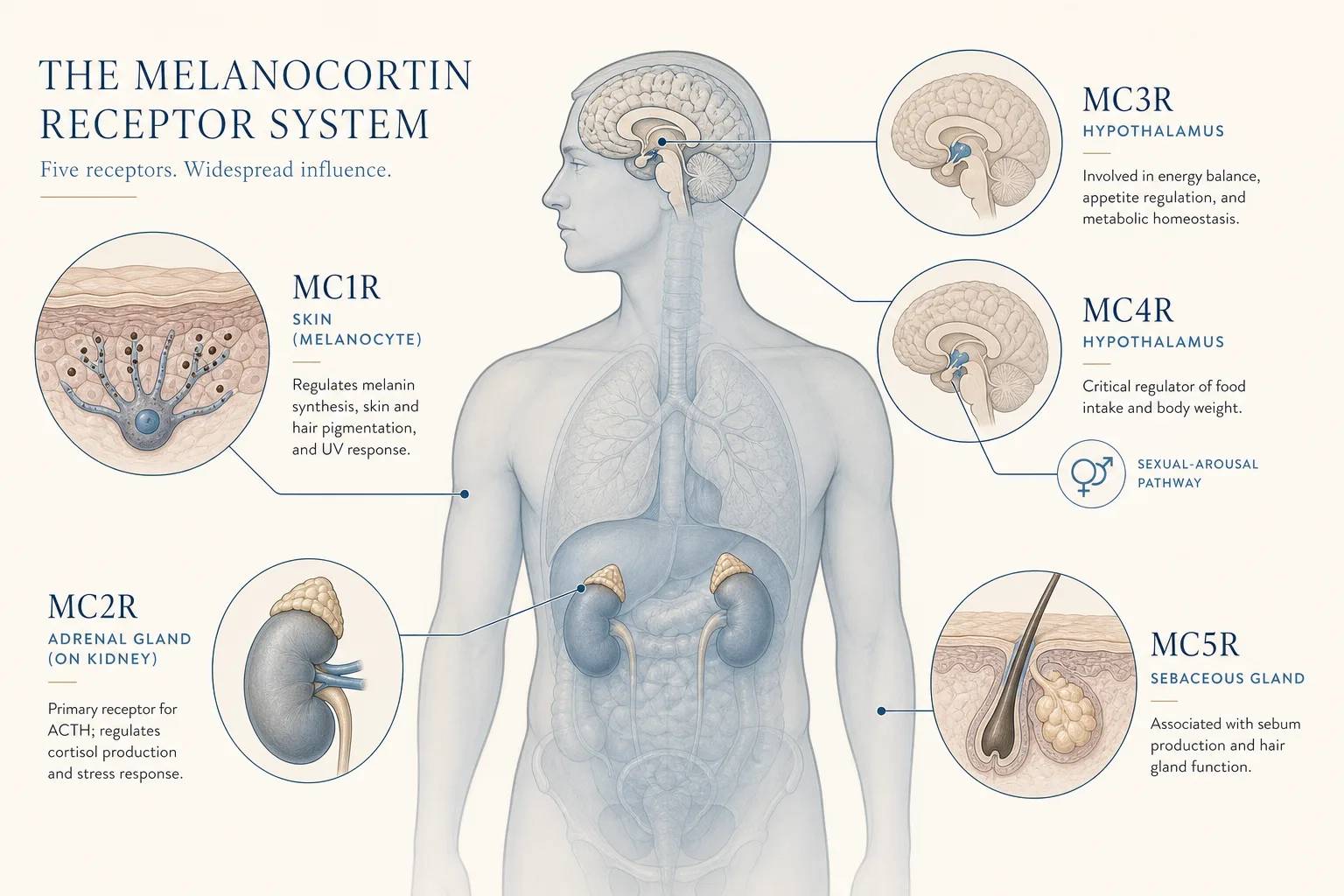 Anatomical infographic of a stylized human silhouette with five labeled call-outs, one per melanocortin receptor: MC1R on a magnified skin/melanocyte cell, MC2R on the adrenal gland atop the kidney, MC3R in the hypothalamus (limbic area), MC4R in the hypothalamus (with sexual-arousal pathway icon), MC5R on a sebaceous gland in cross-section. Clean medical-illustration style, thin labeling lines, desaturated blue-beige palette on off-white background, no photorealism.