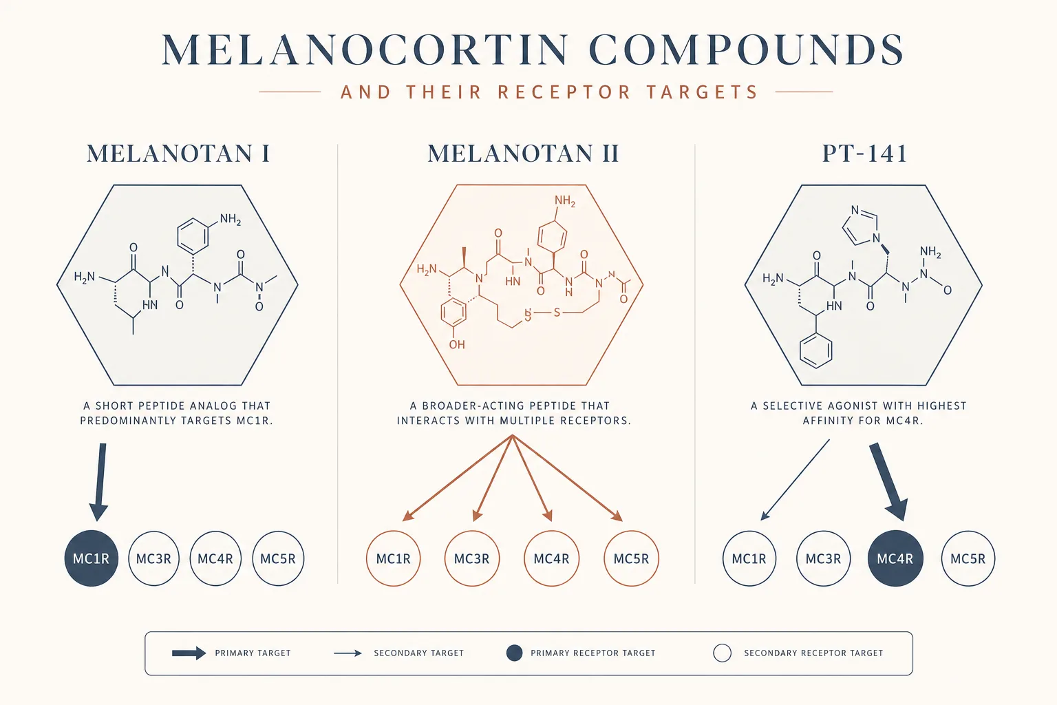 Side-by-side editorial diagram comparing three melanocortin compounds and their receptor targets. From left to right: Melanotan I shown as a hexagonal molecule with a single bold arrow to MC1R; Melanotan II shown with four arrows fanning out to MC1R, MC3R, MC4R, MC5R; PT-141 shown with a thick arrow to MC4R and a thin secondary arrow to MC1R. Each receptor is a small labeled circle. Clean infographic style, desaturated palette of slate-blue, terracotta and off-white, no shading, magazine-grade typography.