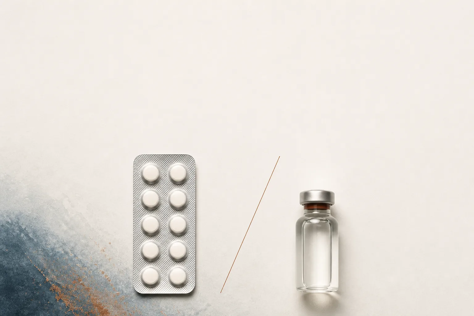 Editorial overhead still life on a soft off-white surface: a small unbranded pill blister-pack and a single small unbranded glass vial laid side by side with a thin diagonal line drawn between them, suggesting a comparison axis. No faces, no clinical setting, no needles depicted. Magazine-cover composition, restrained palette of bone, slate-blue and warm rust, sans-serif typography, generous negative space at the top for a headline.