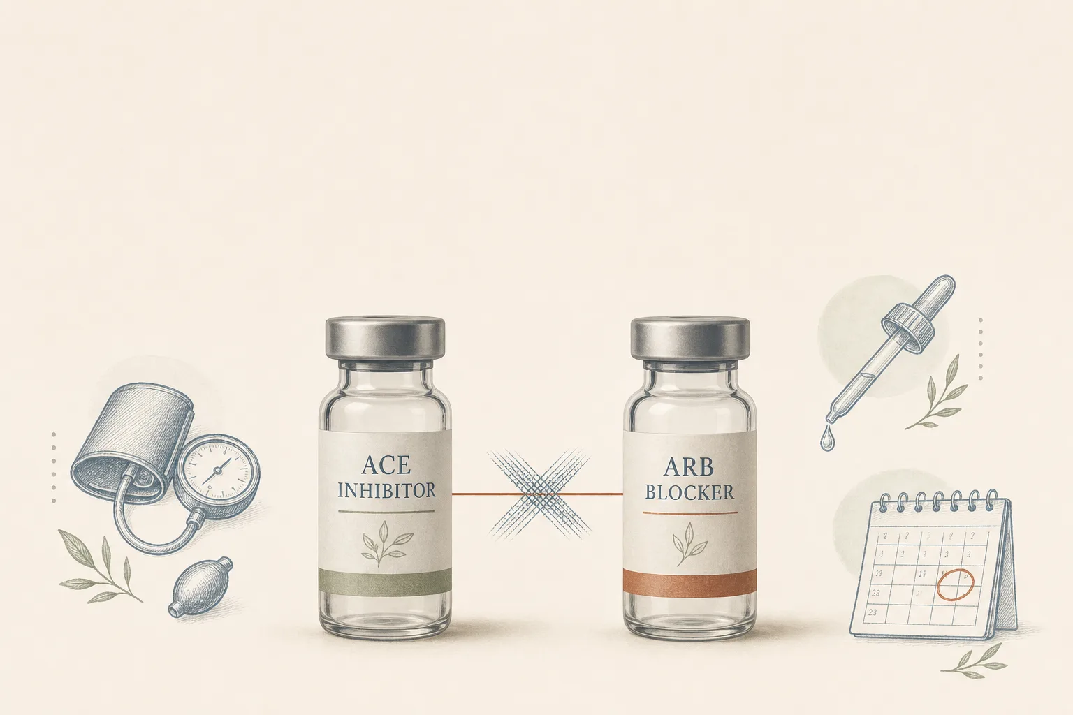 Editorial diagram on bone-coloured background. Two cylindrical glass vials sitting side by side under soft overhead light, with a thin warning-rust-coloured line drawn between them and a small slate-blue cross-hatching pattern over the line - reading as 'these don't combine.' Around them, a few faint small icons of a blood-pressure cuff, a dropper, and a calendar. Restrained palette of slate-blue, sage and warm rust on bone, magazine-grade typography, no faces, generous negative space at the top for a headline.