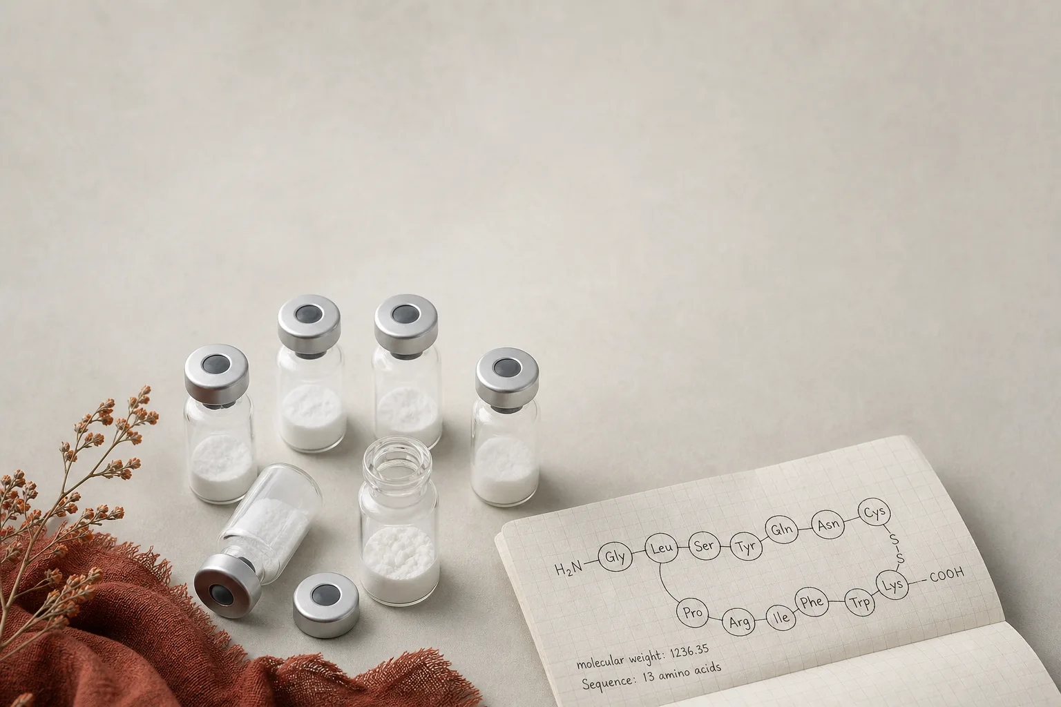 Editorial overhead still life: a cluster of small unbranded glass vials and a lyophilized peptide cake visible inside one open vial, arranged loosely on a soft seamless backdrop next to a folded notebook page with a hand-drawn amino-acid chain. No labels, no faces, no syringes. Magazine-cover composition, desaturated palette of bone, slate-blue and warm rust, soft directional light, generous negative space at the top for a headline.