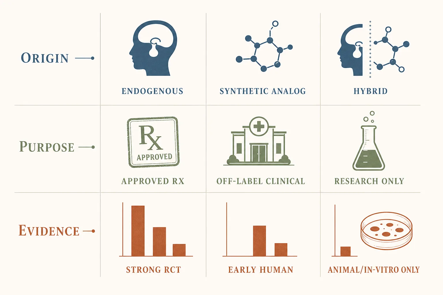 Editorial 2D matrix infographic with three rows (Origin, Purpose, Evidence) and three columns. Each cell contains a tiny illustrative icon and a one-word label. Origin row: 'Endogenous' (a pituitary silhouette), 'Synthetic analog' (a stylized molecule), 'Hybrid' (combination icon). Purpose row: 'Approved Rx' (a stamped-prescription icon), 'Off-label clinical' (a clinic icon), 'Research only' (a beaker icon). Evidence row: 'Strong RCT' (a bar chart with a tall bar), 'Early human' (medium bar), 'Animal/in-vitro only' (a small bar with a petri dish). Clean editorial-table style, restrained palette of slate-blue, sage and warm rust on off-white, magazine typography.