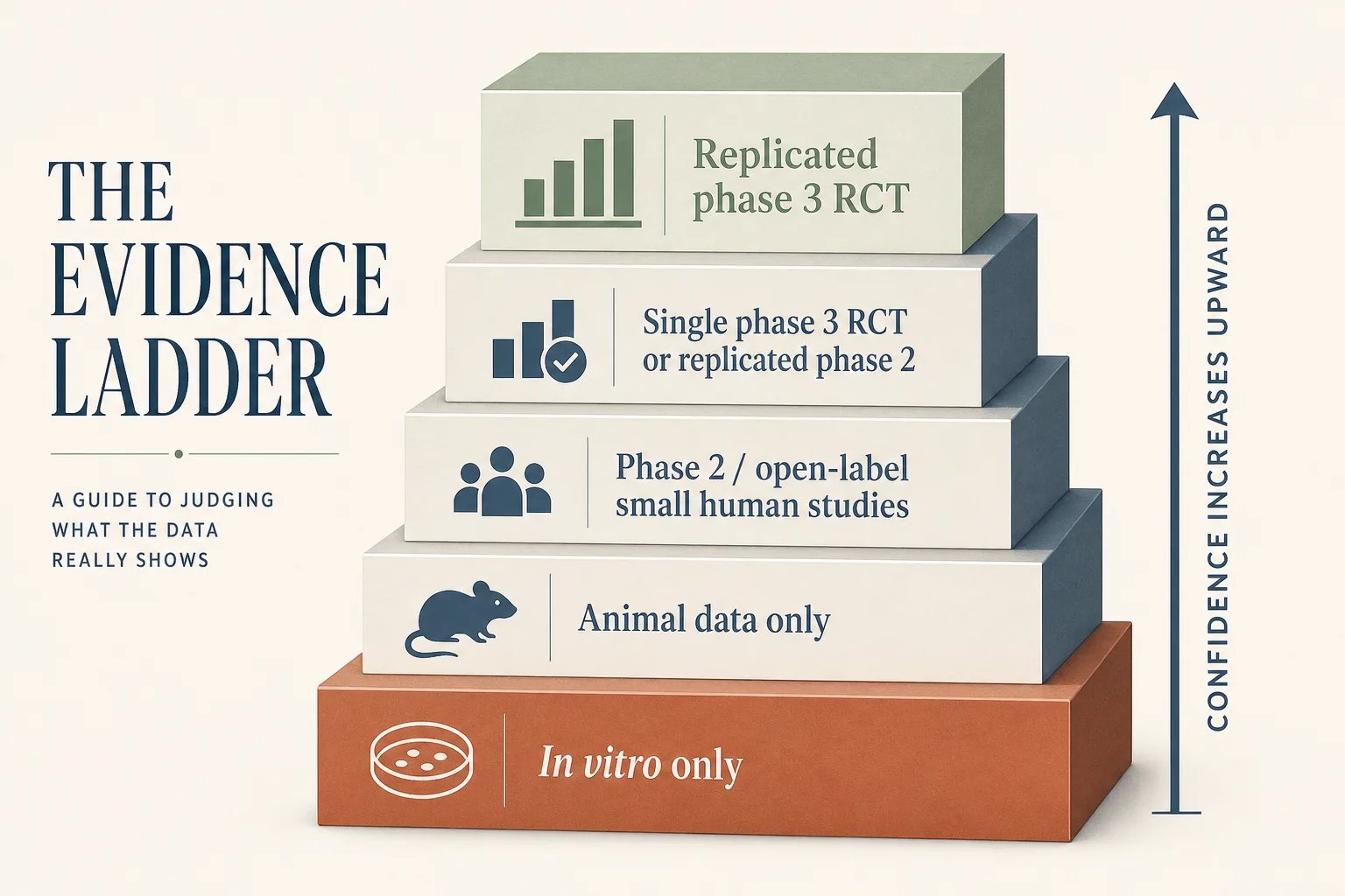 Editorial vertical evidence ladder, drawn as a stacked staircase from top to bottom. Top step labelled 'Replicated phase 3 RCT' (sage green, with a stylized large-bar-chart icon). Step 2: 'Single phase 3 RCT or replicated phase 2'. Step 3: 'Phase 2 / open-label small human studies'. Step 4: 'Animal data only'. Bottom step labelled 'In vitro only' (warm rust, smallest icon). To the right of the ladder, a vertical arrow labelled 'confidence increases upward'. Clean editorial-data-viz style, restrained palette of slate-blue, sage, warm rust on off-white background, magazine typography.
