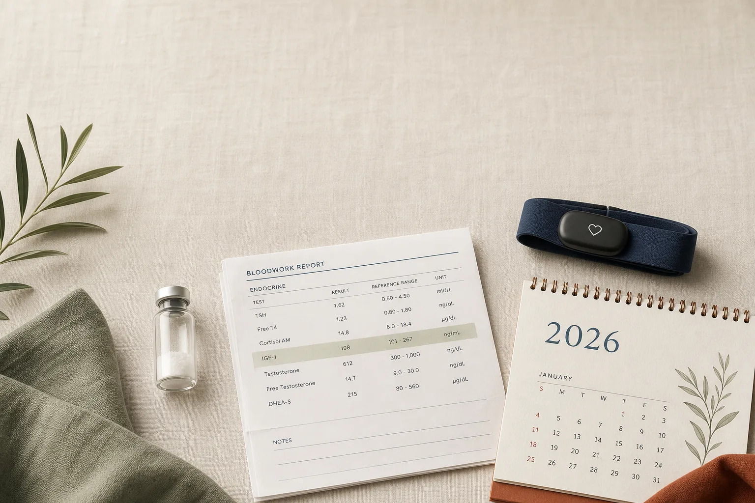 Editorial flat-lay on bone-coloured linen: a small unbranded peptide vial, a folded paper bloodwork printout with the IGF-1 line lightly highlighted, a wrist heart-rate strap, a calendar page with the year (2026) visible. Soft overhead light. Restrained palette of slate-blue, sage and warm rust on bone, magazine-grade typography, no faces, generous negative space at the top for a headline.
