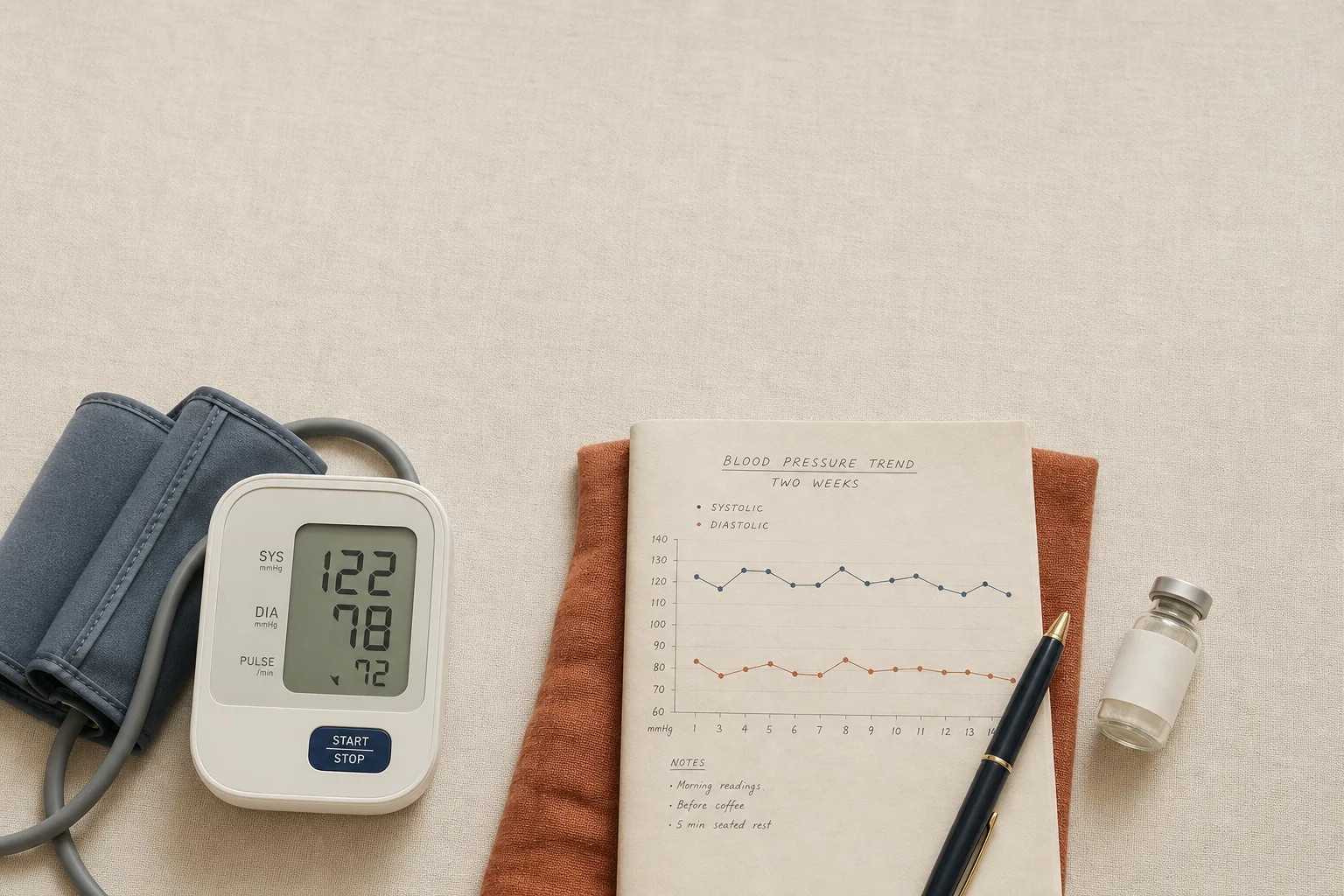 Editorial overhead flat-lay on bone-coloured linen: a home upper-arm blood pressure cuff with its display showing 122/78, a folded paper notebook with a small two-week BP trend sparkline sketched on it, an unbranded peptide vial off to the side, a pen resting on the notebook. Soft natural overhead light, no faces or hands visible. Restrained palette of slate-blue, warm rust and bone, magazine-grade typography, generous negative space at the top for a headline.