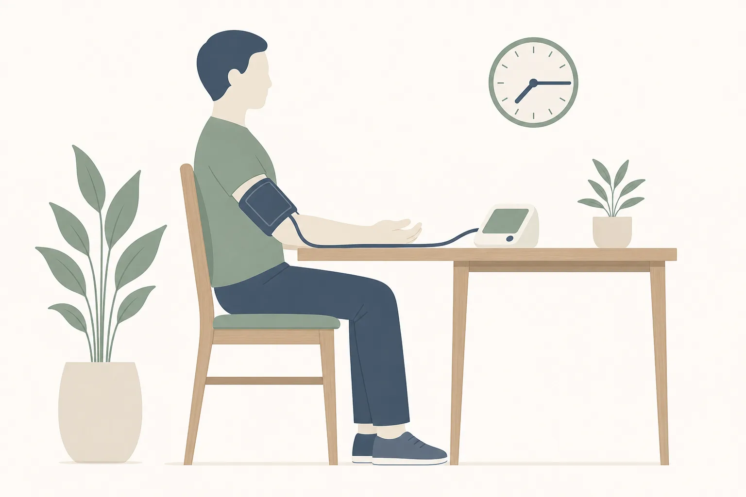 Editorial side-view illustration of a person seated upright in a simple wooden chair, arm resting on a small table at heart level with an upper-arm blood pressure cuff in place. Feet flat on the floor, back supported, no crossed legs. A small wall clock in the background reads 7:15 (suggesting morning). Clean medical-illustration style, restrained palette of slate-blue, sage and bone on off-white, sans-serif typography, no shading, no faces visible (just the arm and torso silhouette).