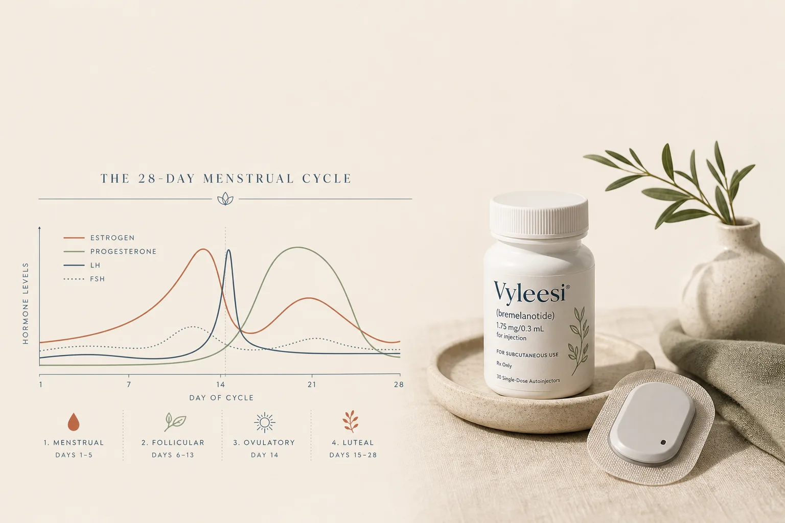 Editorial split-illustration on bone-coloured background. Left half: a stylised line graph showing a 28-day menstrual cycle with the four phases lightly labelled. Right half: a stylised pill bottle labelled 'Vyleesi' beside a small wearable continuous-glucose-monitor patch on a clean linen surface, soft overhead light. Restrained palette of slate-blue, sage and warm rust on bone, magazine-grade typography, no faces or photorealism, generous negative space at the top for a headline.