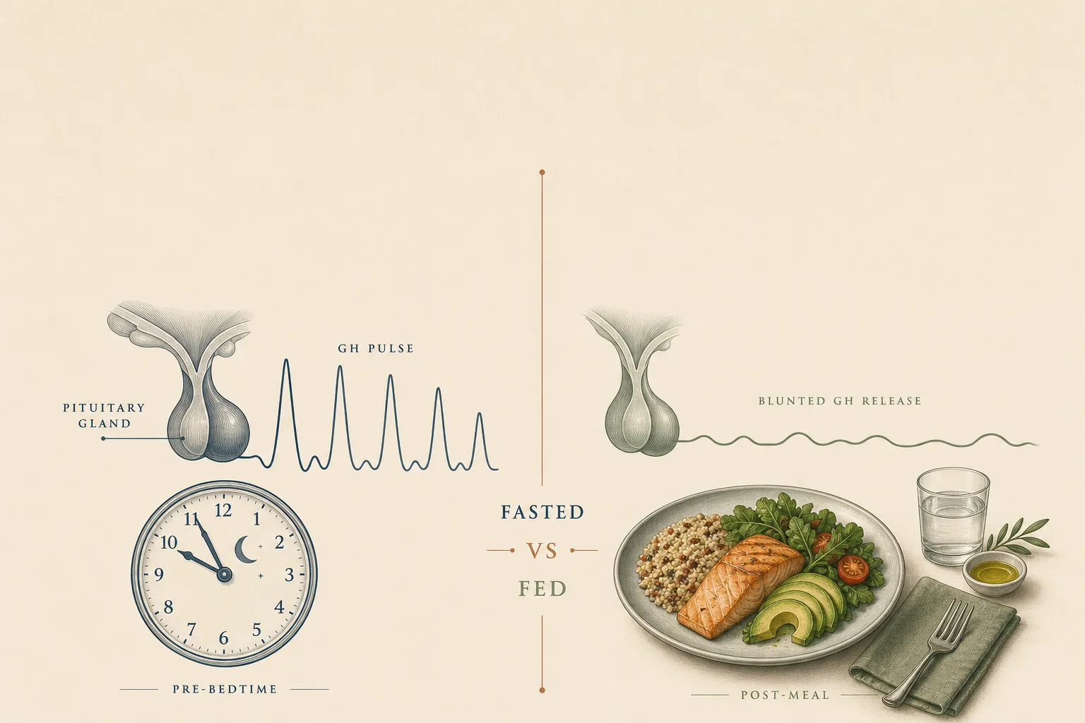 Editorial split-illustration on bone-coloured background. Left half: a small clock face showing a pre-bed hour, with a stylised pituitary above and a sharp GH-pulse waveform rising from it. Right half: a stylised meal plate with a small blunted waveform overlaid, suggesting suppressed GH release after eating. A thin separating line in the middle is labelled 'fasted vs fed'. Restrained palette of slate-blue, sage and warm rust on bone, magazine-grade typography, no faces, generous negative space at the top for a headline.