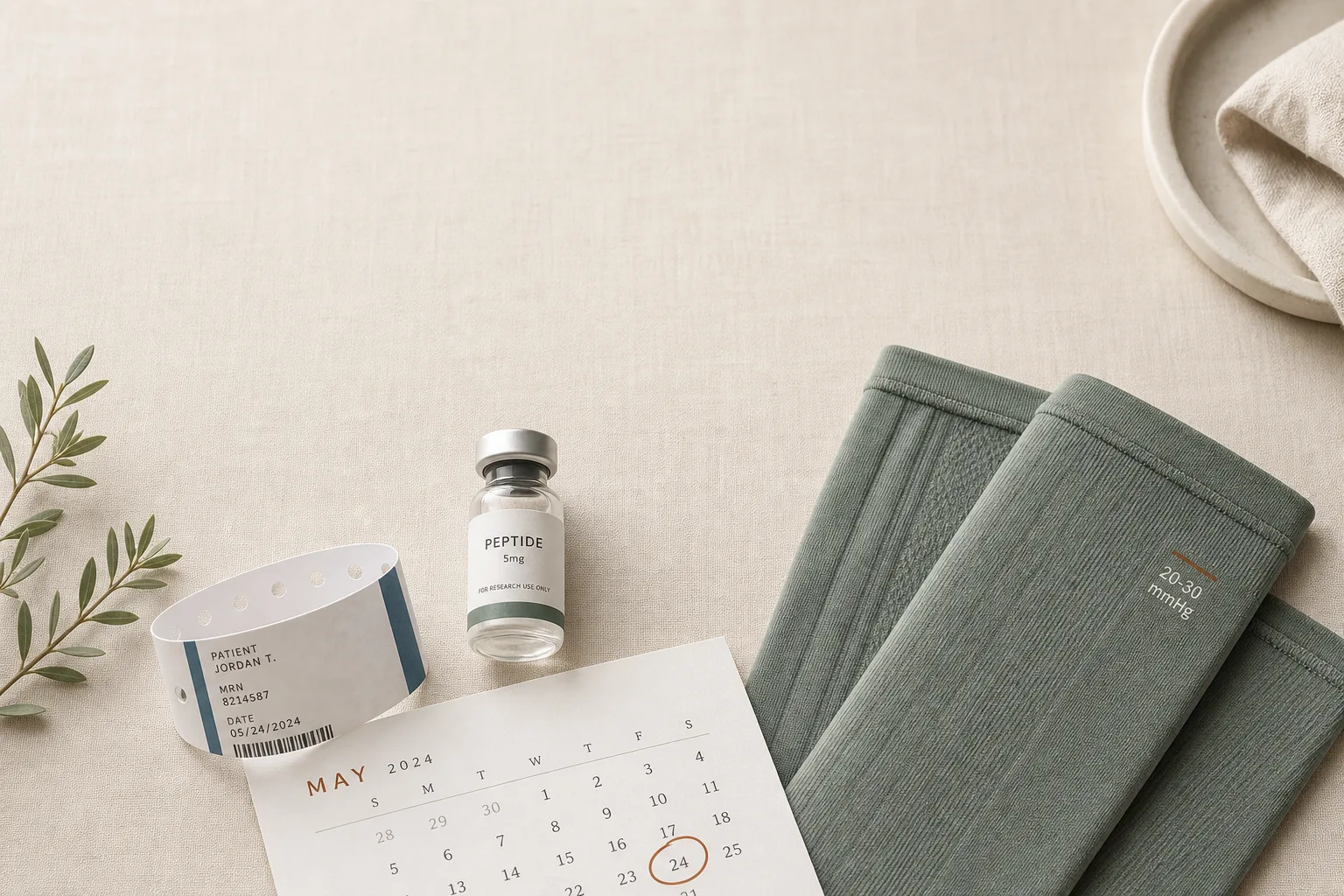Editorial flat-lay on bone-coloured linen: a folded paper hospital wristband, a small unbranded peptide vial, a pair of medical-grade compression sleeves, and a calendar page with one date circled in soft warm rust. Soft overhead light. Restrained palette of slate-blue, sage and warm rust on bone, magazine-grade typography, no faces or photorealistic medical imagery, generous negative space at the top for a headline.